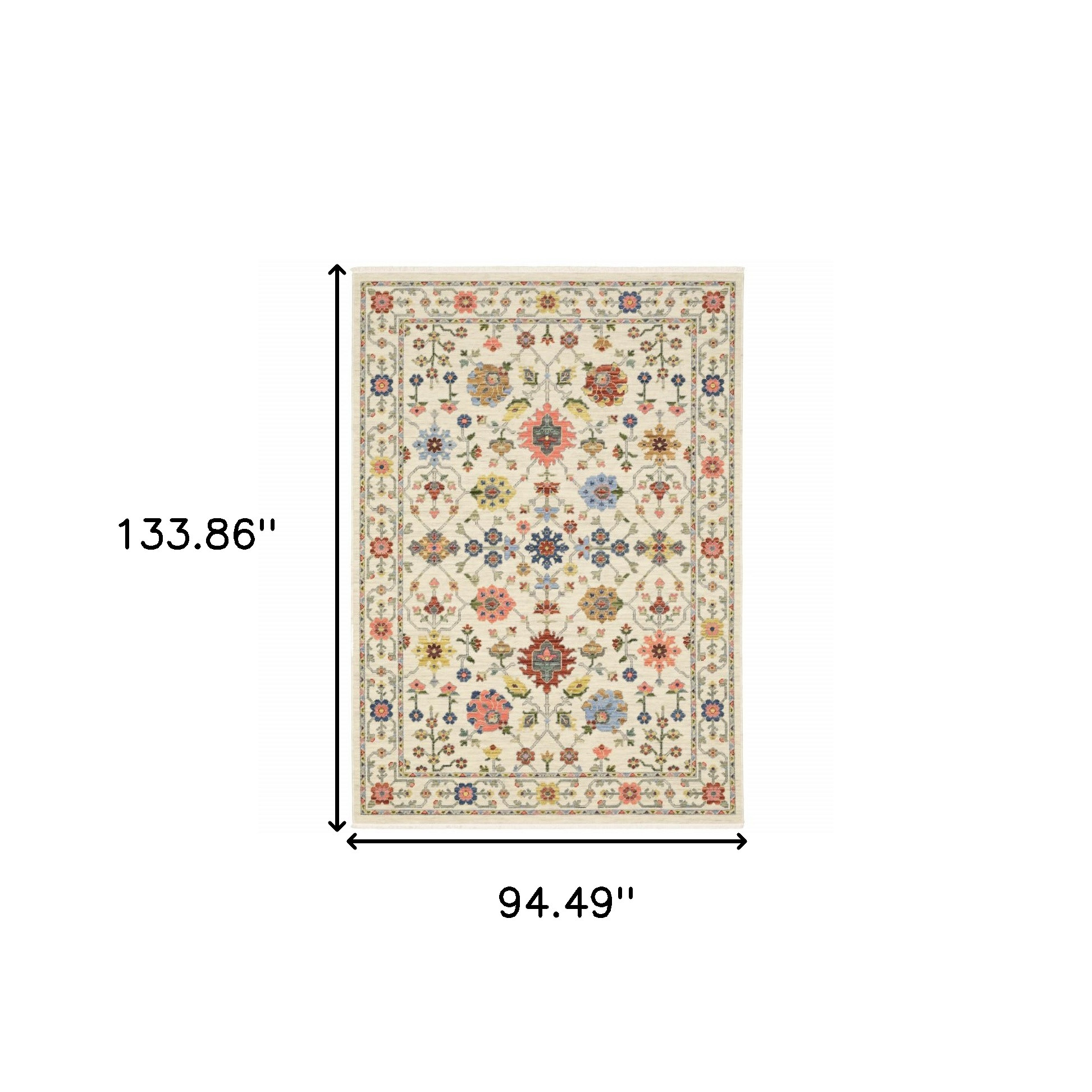 8" X 11" Ivory Salmon Pink Gold Blues Grey Rust And Green Oriental Power Loom Stain Resistant Area Rug With Fringe
