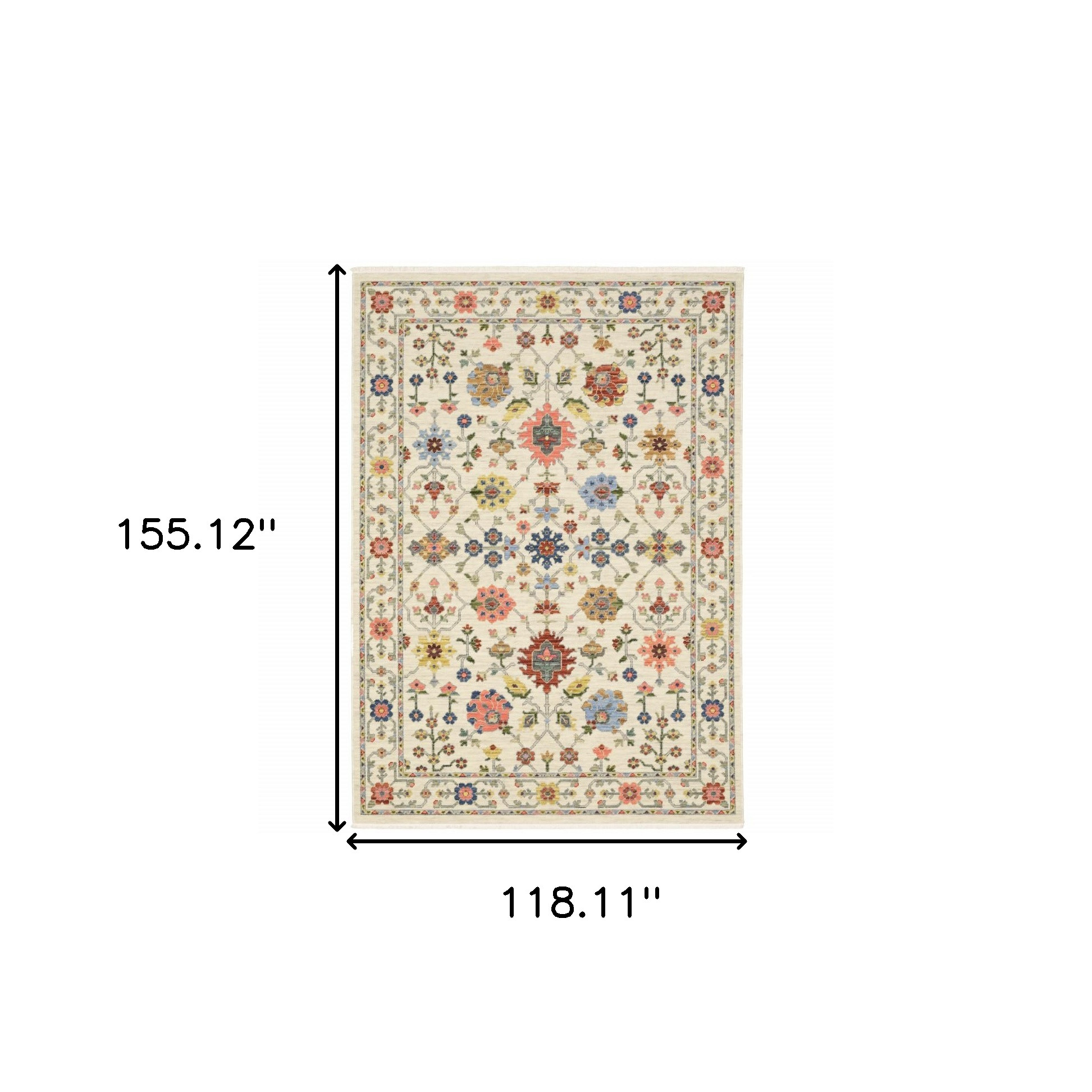 10" X 13" Ivory Salmon Pink Gold Blues Grey Rust And Green Oriental Power Loom Stain Resistant Area Rug With Fringe
