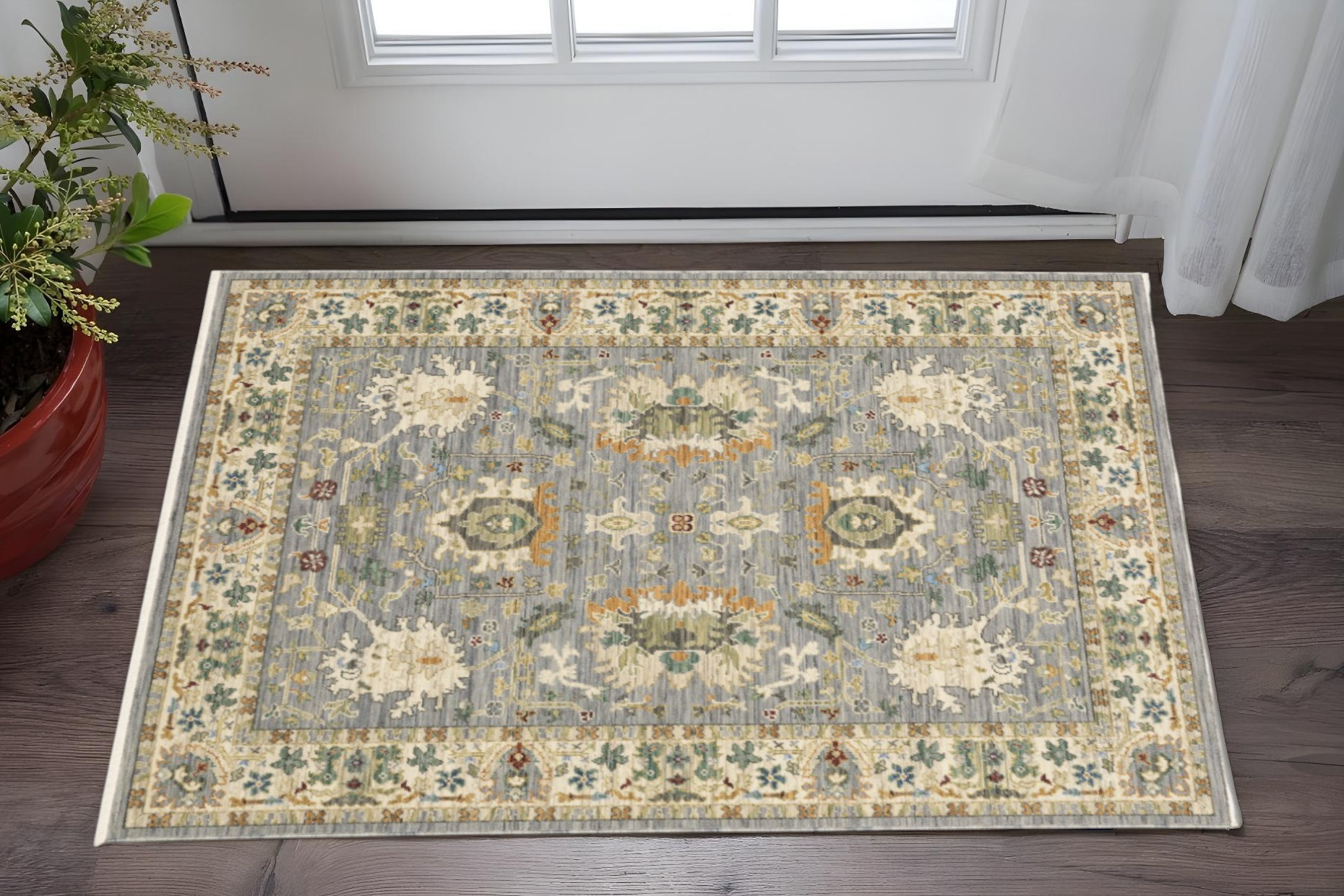 2' X 3' Grey Ivory Orange Teal Green Charcoal Blue And Red Oriental Power Loom Stain Resistant Area Rug With Fringe-509289-1