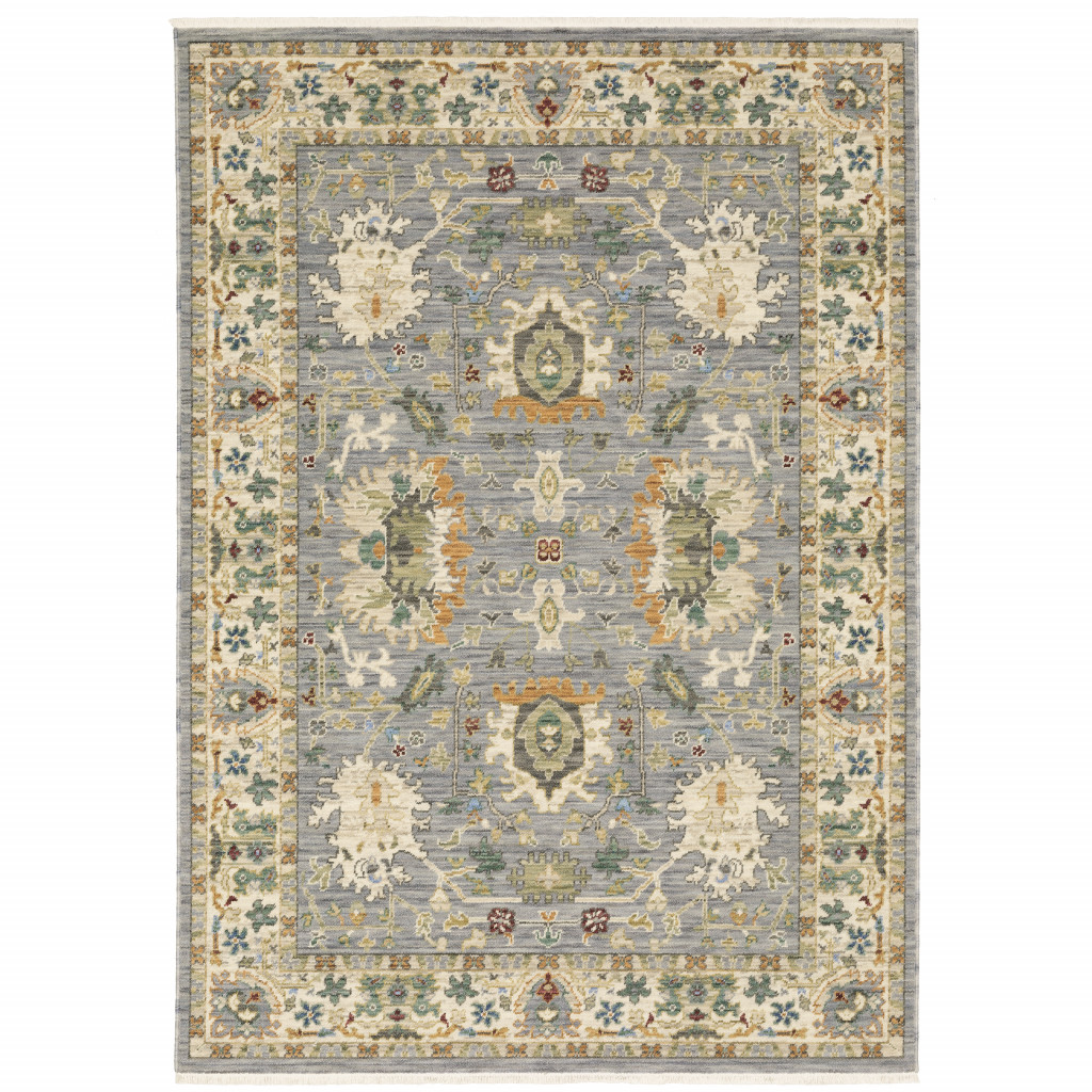 8" X 11" Grey Ivory Orange Teal Green Charcoal Blue And Red Oriental Power Loom Stain Resistant Area Rug With Fringe
