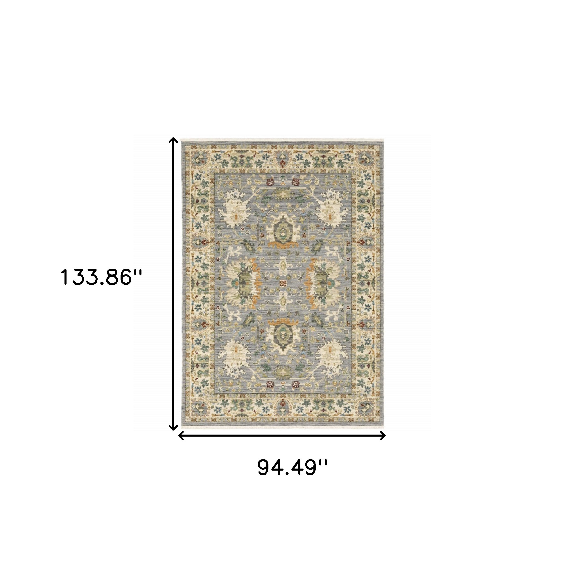 8" X 11" Grey Ivory Orange Teal Green Charcoal Blue And Red Oriental Power Loom Stain Resistant Area Rug With Fringe