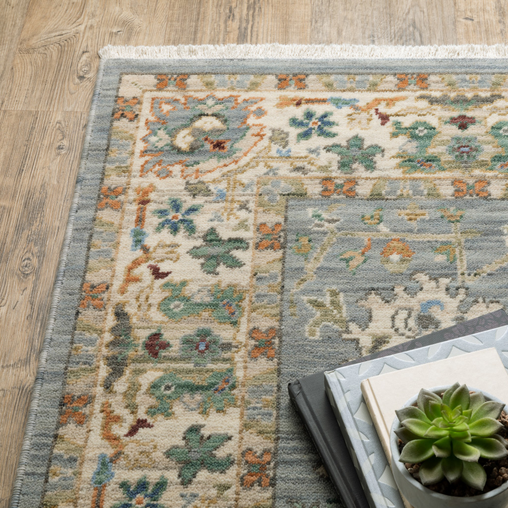 8" X 11" Grey Ivory Orange Teal Green Charcoal Blue And Red Oriental Power Loom Stain Resistant Area Rug With Fringe