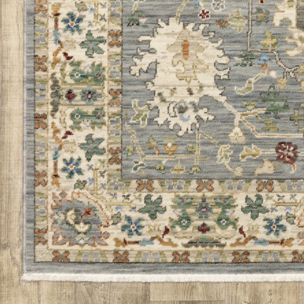 8" X 11" Grey Ivory Orange Teal Green Charcoal Blue And Red Oriental Power Loom Stain Resistant Area Rug With Fringe
