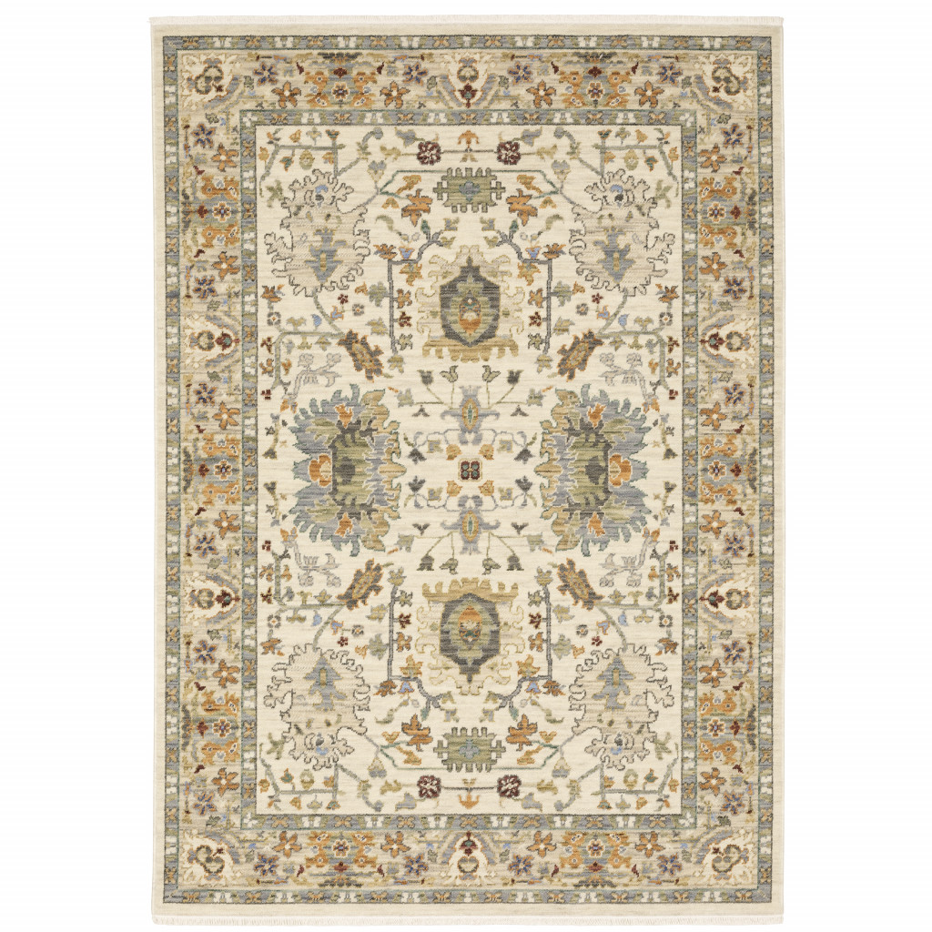 8" X 11" Ivory Oriental Power Loom Stain Resistant Area Rug With Fringe