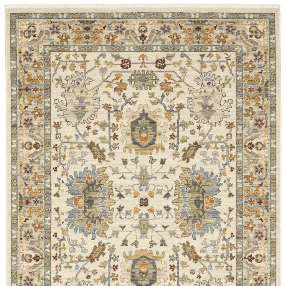8" X 11" Ivory Oriental Power Loom Stain Resistant Area Rug With Fringe