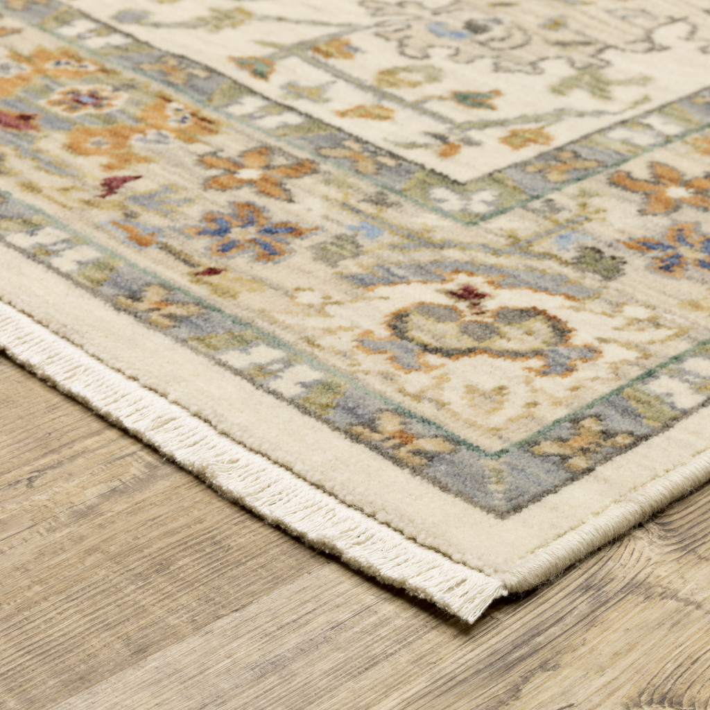 8" X 11" Ivory Oriental Power Loom Stain Resistant Area Rug With Fringe