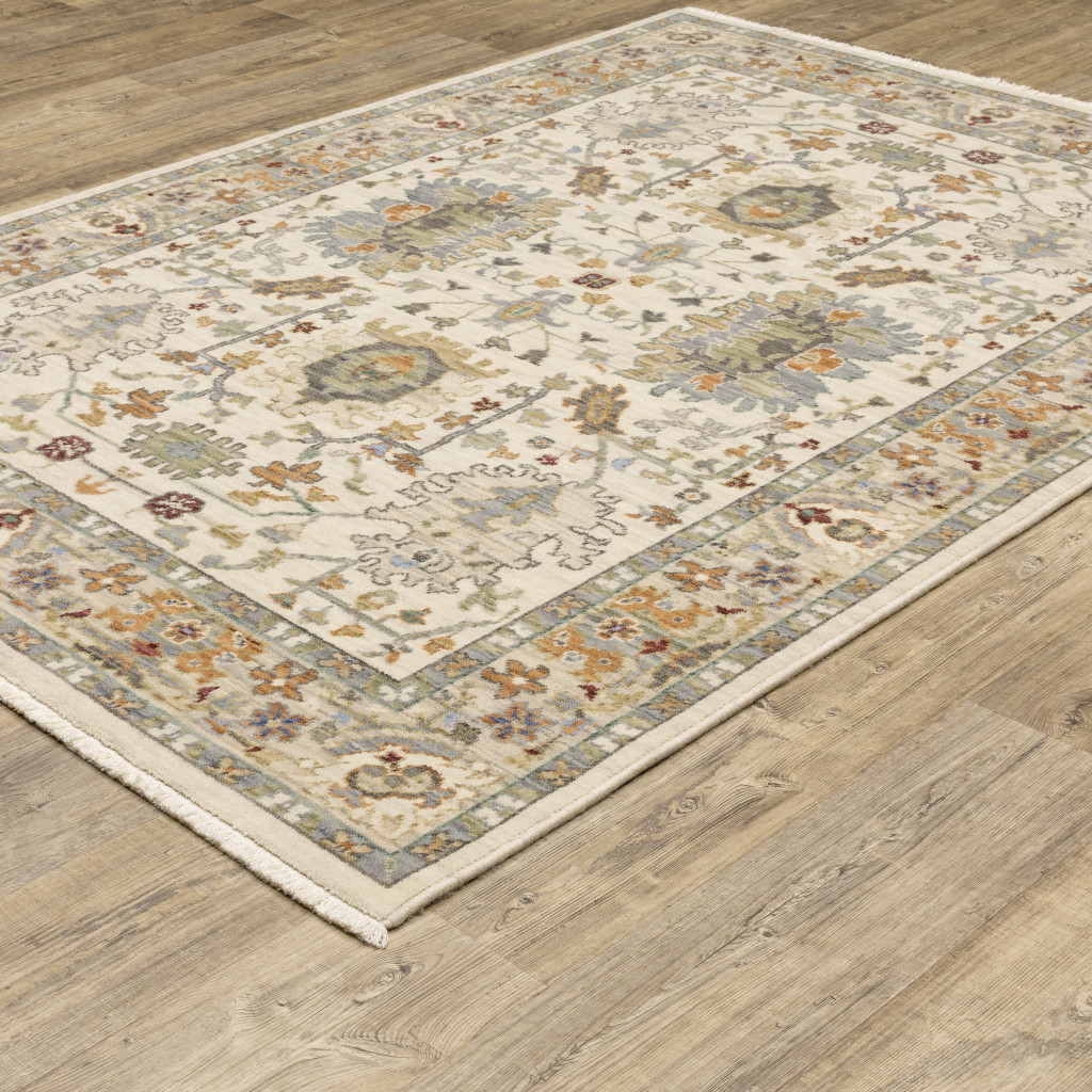 8" X 11" Ivory Oriental Power Loom Stain Resistant Area Rug With Fringe