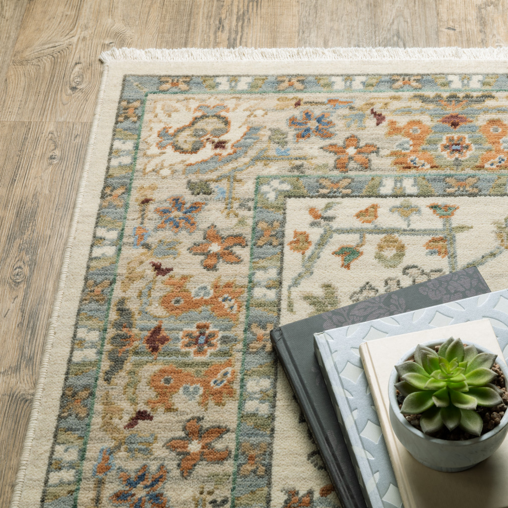 8" X 11" Ivory Oriental Power Loom Stain Resistant Area Rug With Fringe