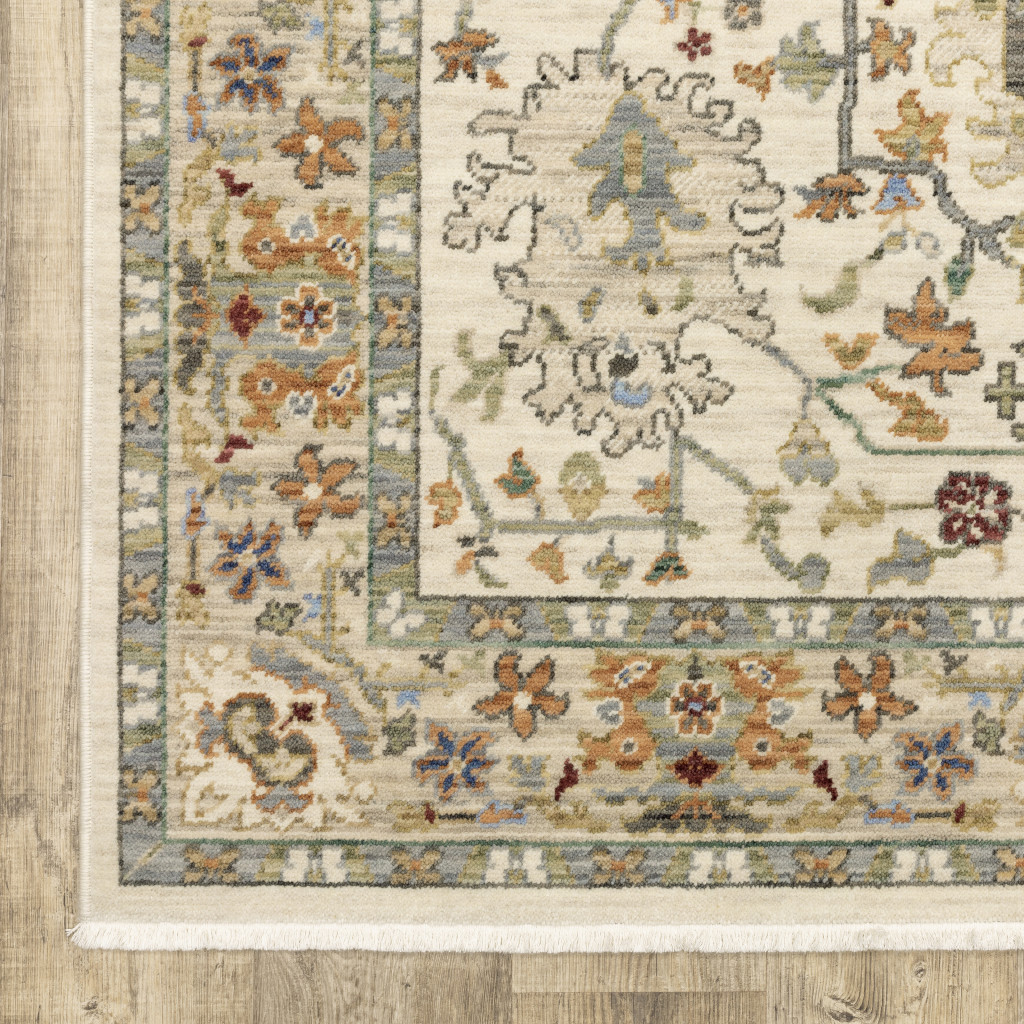 8" X 11" Ivory Oriental Power Loom Stain Resistant Area Rug With Fringe