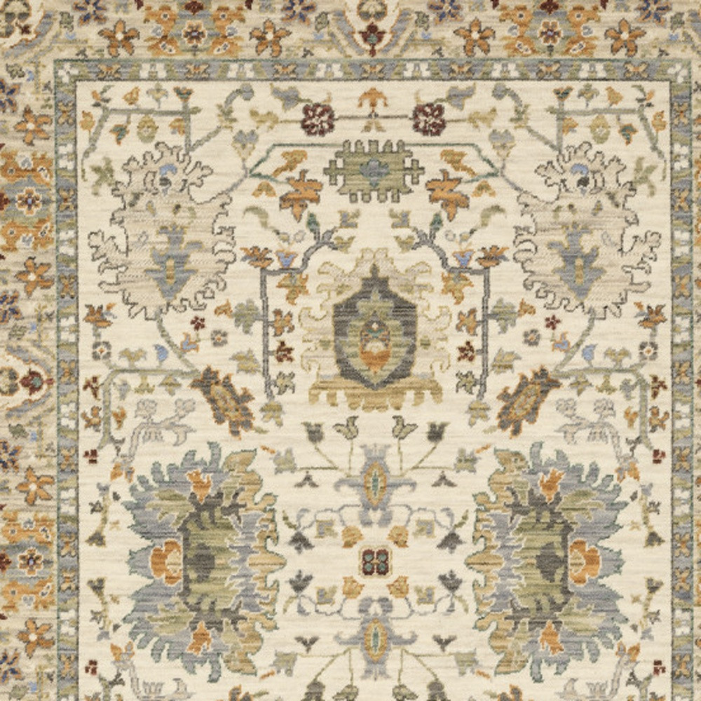 10" X 13" Ivory Oriental Power Loom Stain Resistant Area Rug With Fringe