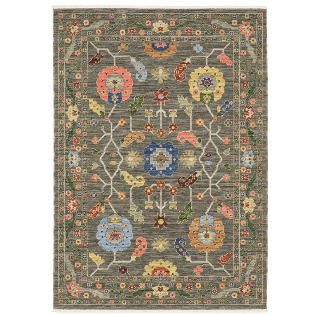 6" X 9" Grey Blue Pink Orange Rust Red Green And Ivory Oriental Power Loom Stain Resistant Area Rug With Fringe