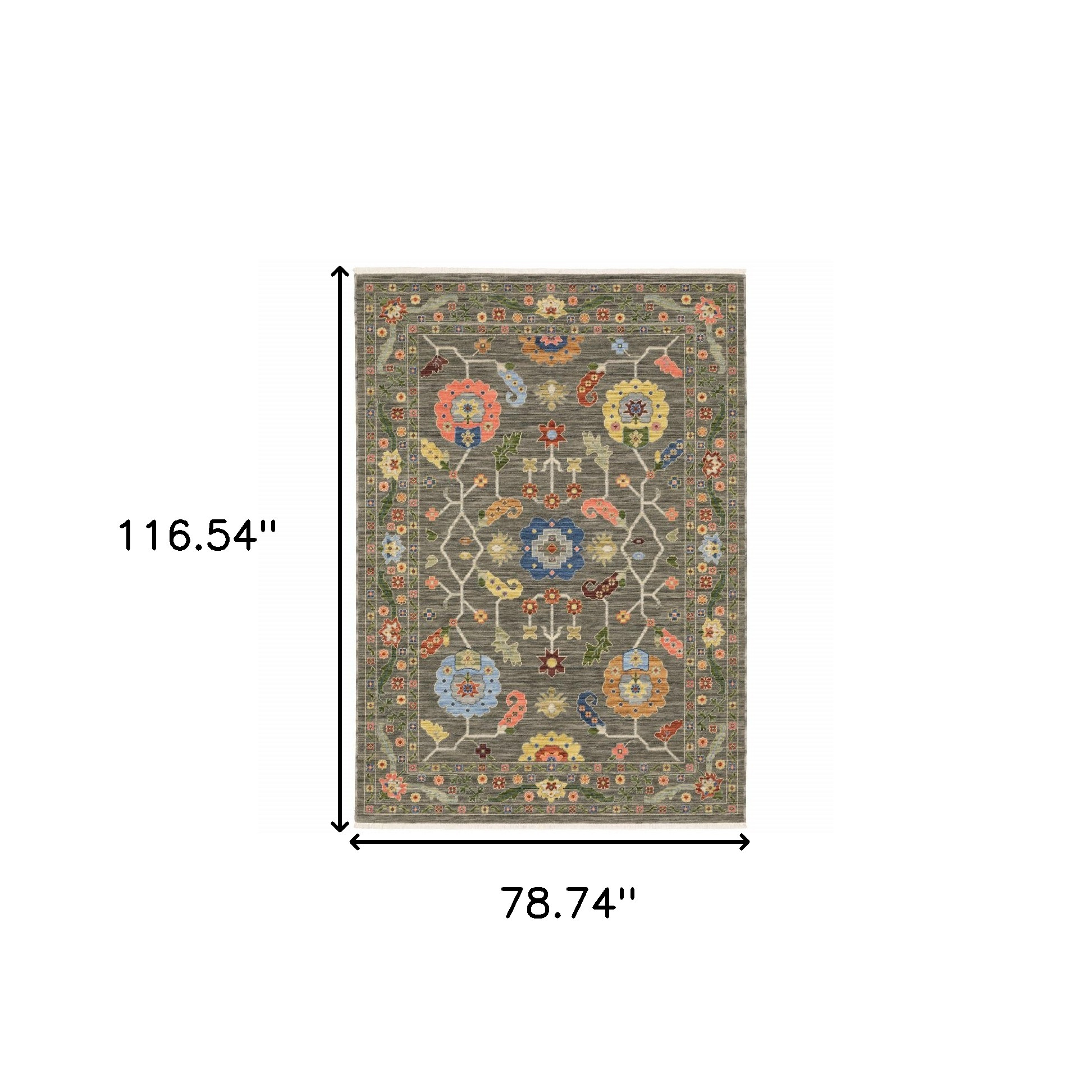 6" X 9" Grey Blue Pink Orange Rust Red Green And Ivory Oriental Power Loom Stain Resistant Area Rug With Fringe