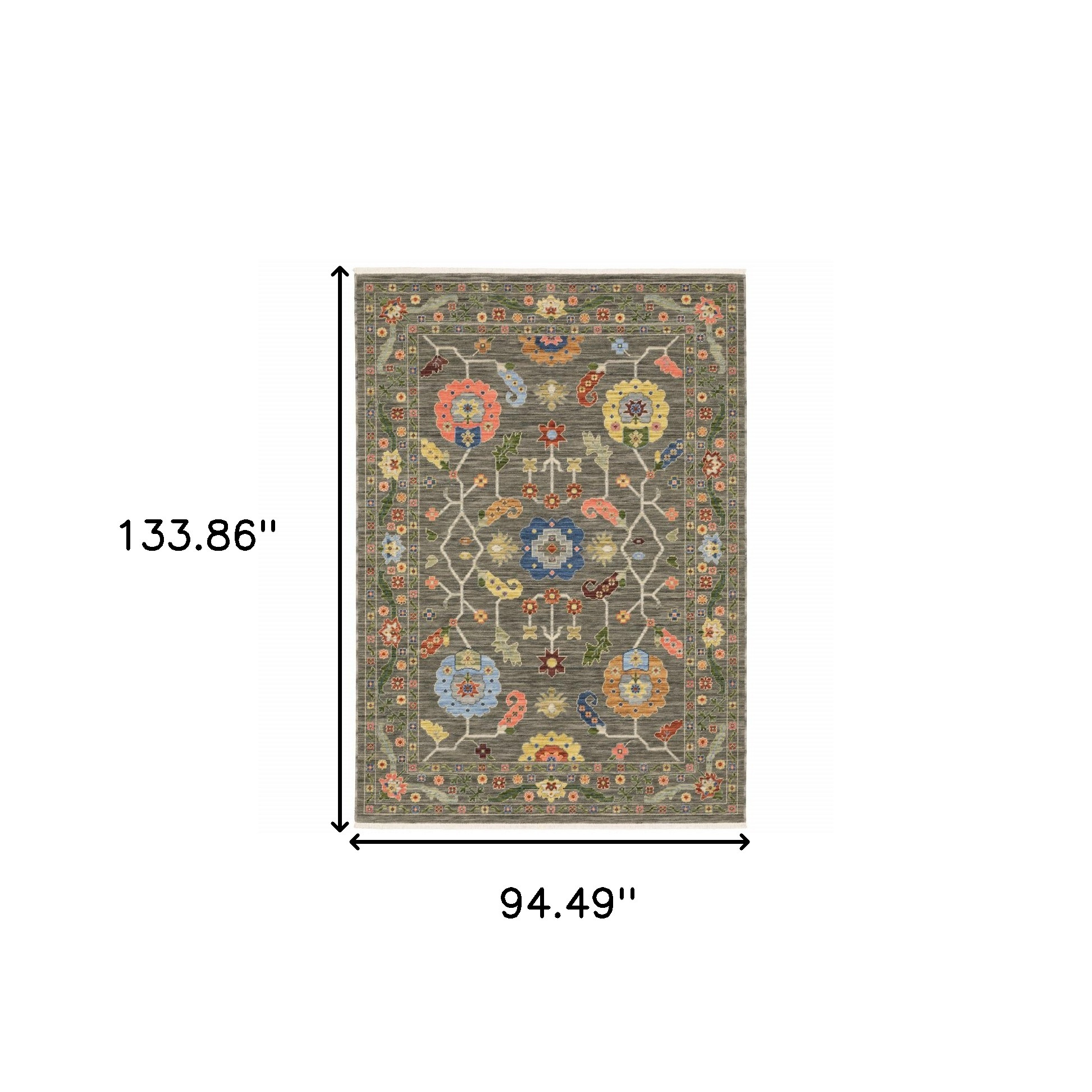 8" X 11" Grey Blue Pink Orange Rust Red Green And Ivory Oriental Power Loom Stain Resistant Area Rug With Fringe