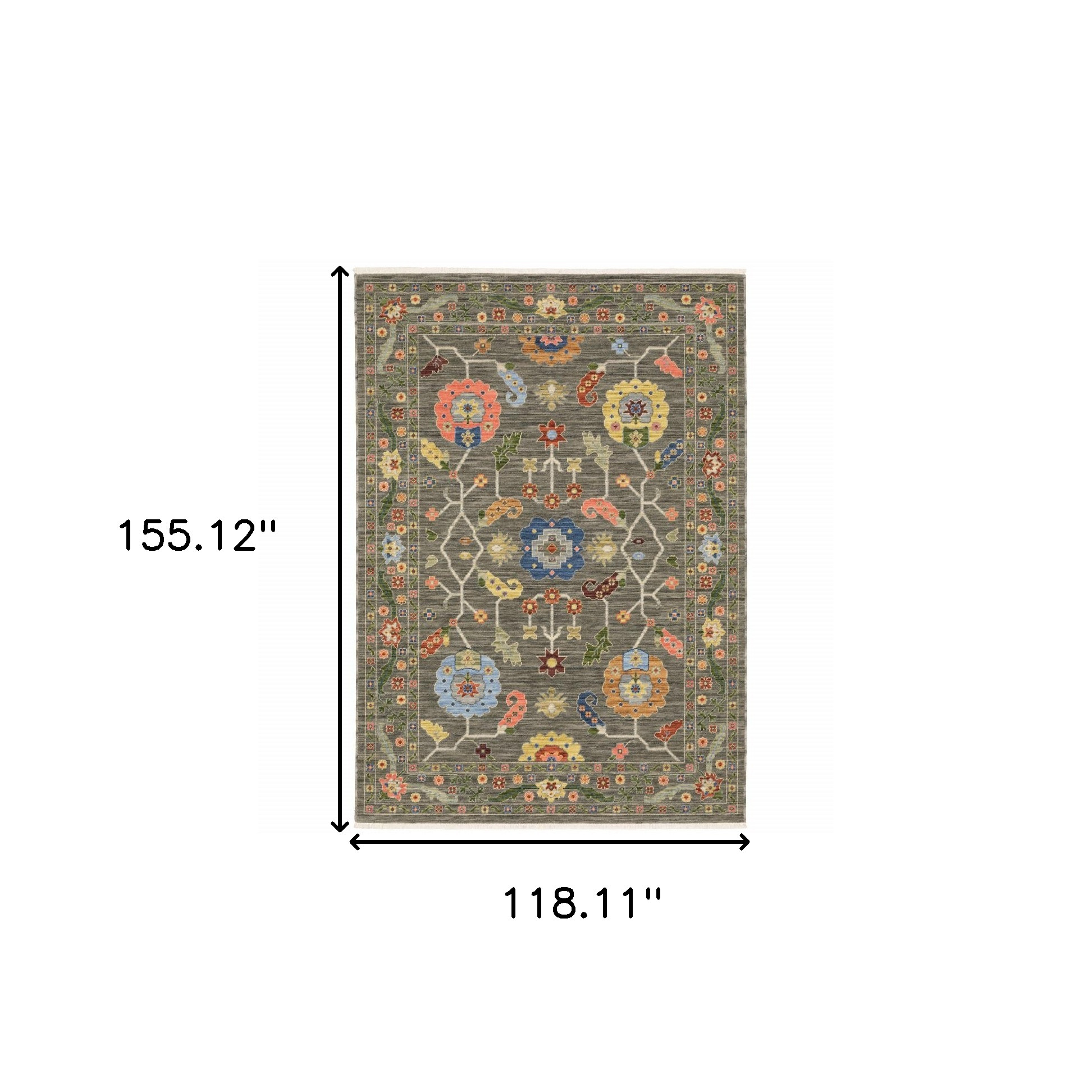 10" X 13" Grey Blue Pink Orange Rust Red Green And Ivory Oriental Power Loom Stain Resistant Area Rug With Fringe