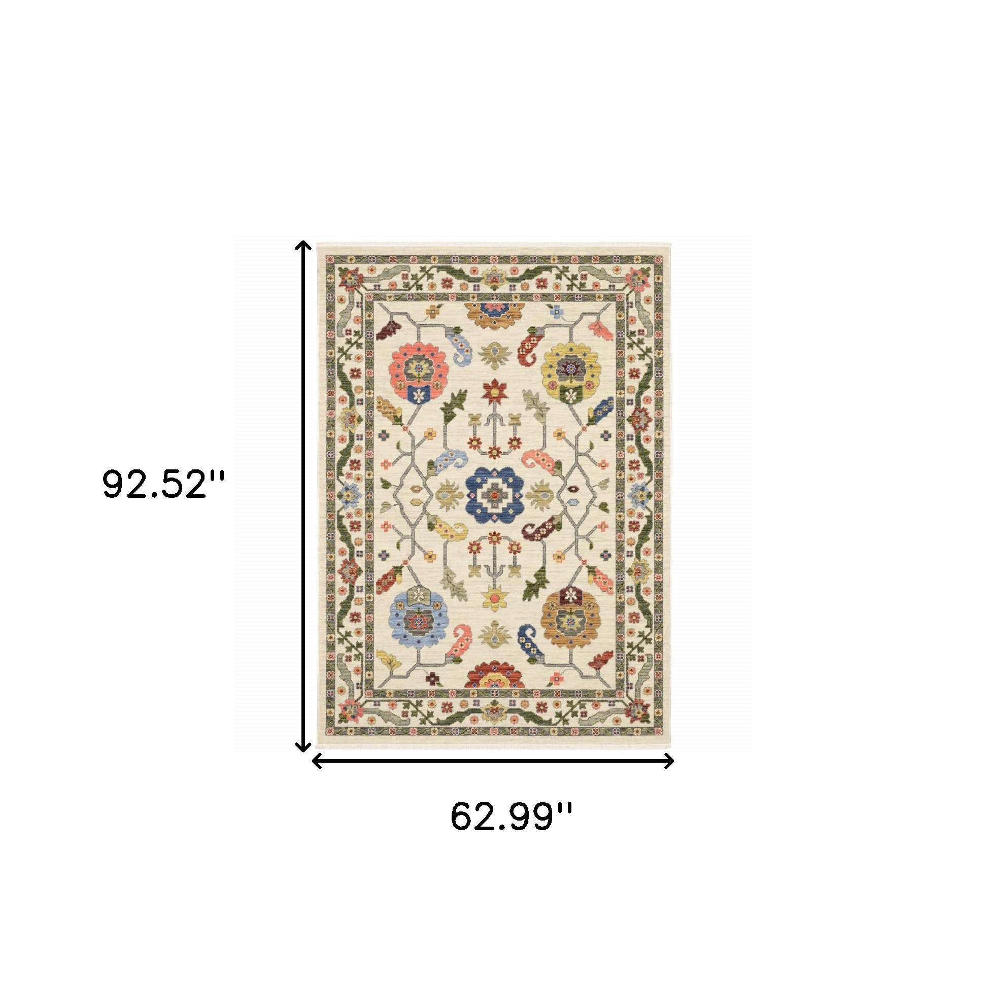 5" X 8" Green and Ivory Oriental Power Loom Area Rug With Fringe