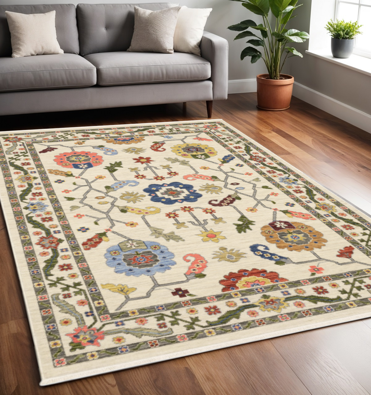 5" X 8" Green and Ivory Oriental Power Loom Area Rug With Fringe
