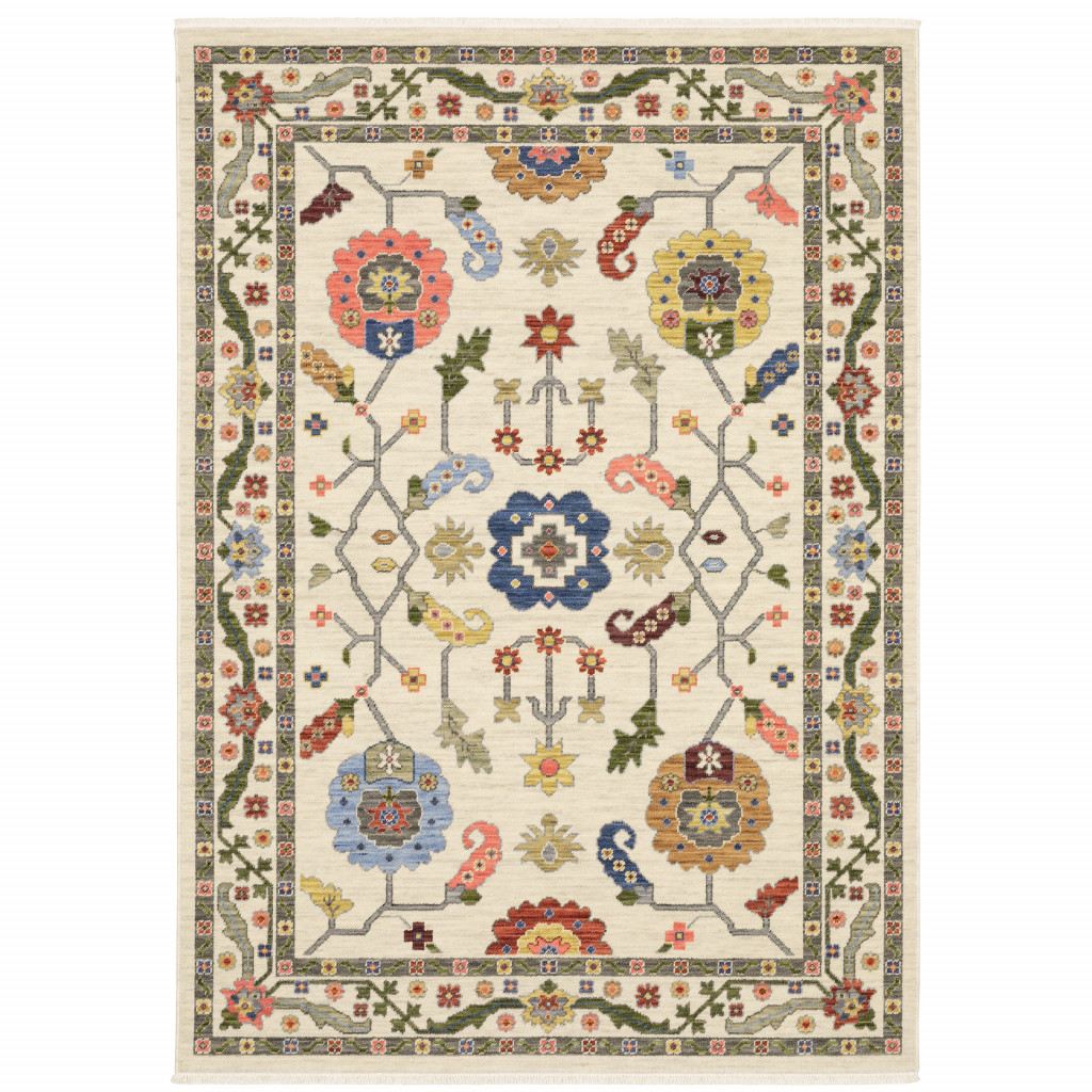6" X 9" Ivory Green Blues Pink Yellow Rust Brown Tan And Grey Oriental Power Loom Stain Resistant Area Rug With Fringe