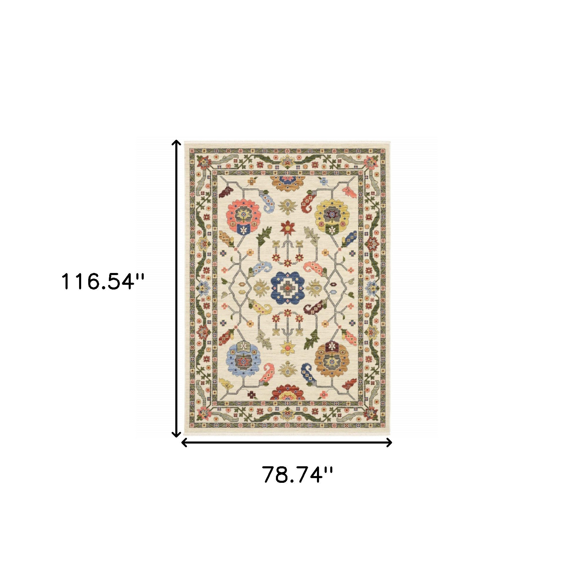 6" X 9" Ivory Green Blues Pink Yellow Rust Brown Tan And Grey Oriental Power Loom Stain Resistant Area Rug With Fringe