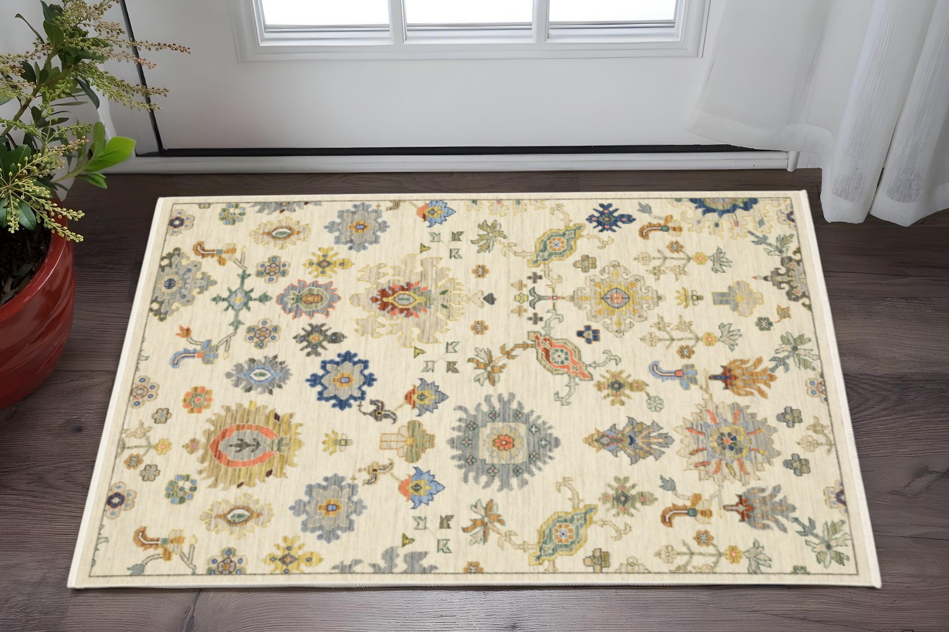 2' X 3' Ivory Beige Gold Grey Blue Pink Red Rust And Green Oriental Power Loom Stain Resistant Area Rug With Fringe-509324-1