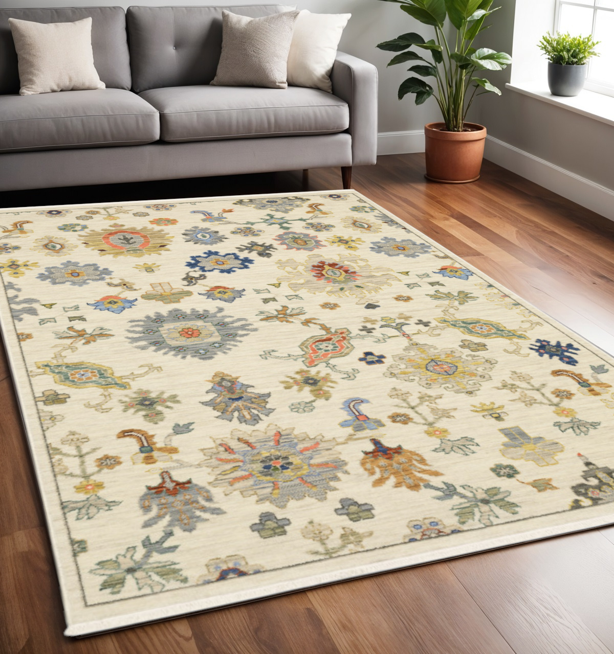 5' X 8' Ivory Beige And Blue Oriental Area Rug With Fringe-509327-1