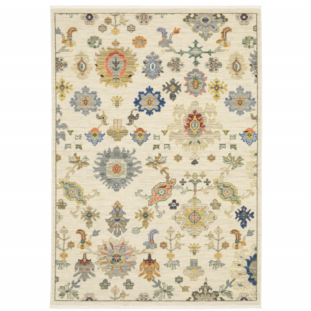 8' X 11' Ivory Beige Gold Grey Blue Pink Red Rust And Green Oriental Power Loom Stain Resistant Area Rug With Fringe-509329-1