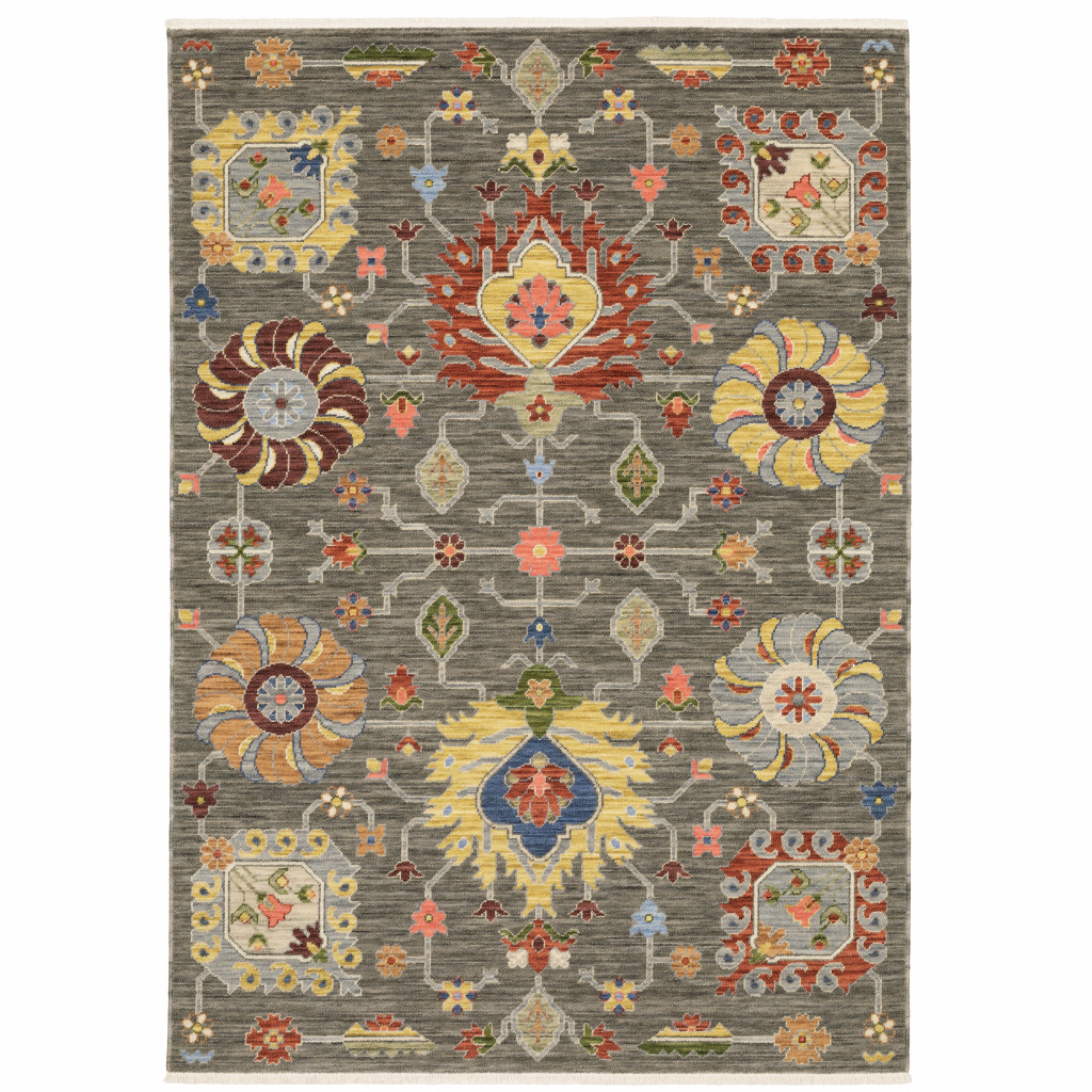 2" X 3" Grey Charcoal Yellow Blue Rust Red Pink Green And Ivory Oriental Power Loom Stain Resistant Area Rug With Fringe