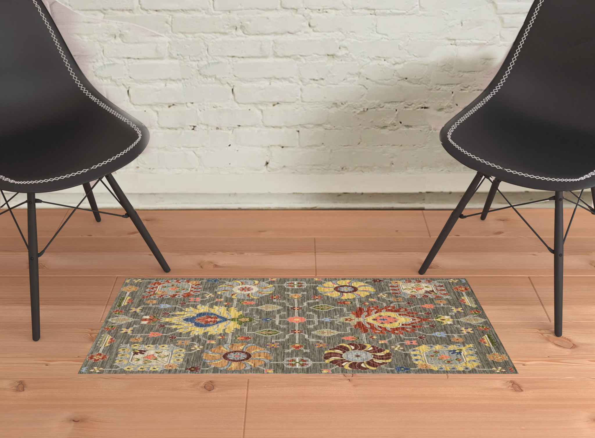 2" X 3" Grey Charcoal Yellow Blue Rust Red Pink Green And Ivory Oriental Power Loom Stain Resistant Area Rug With Fringe