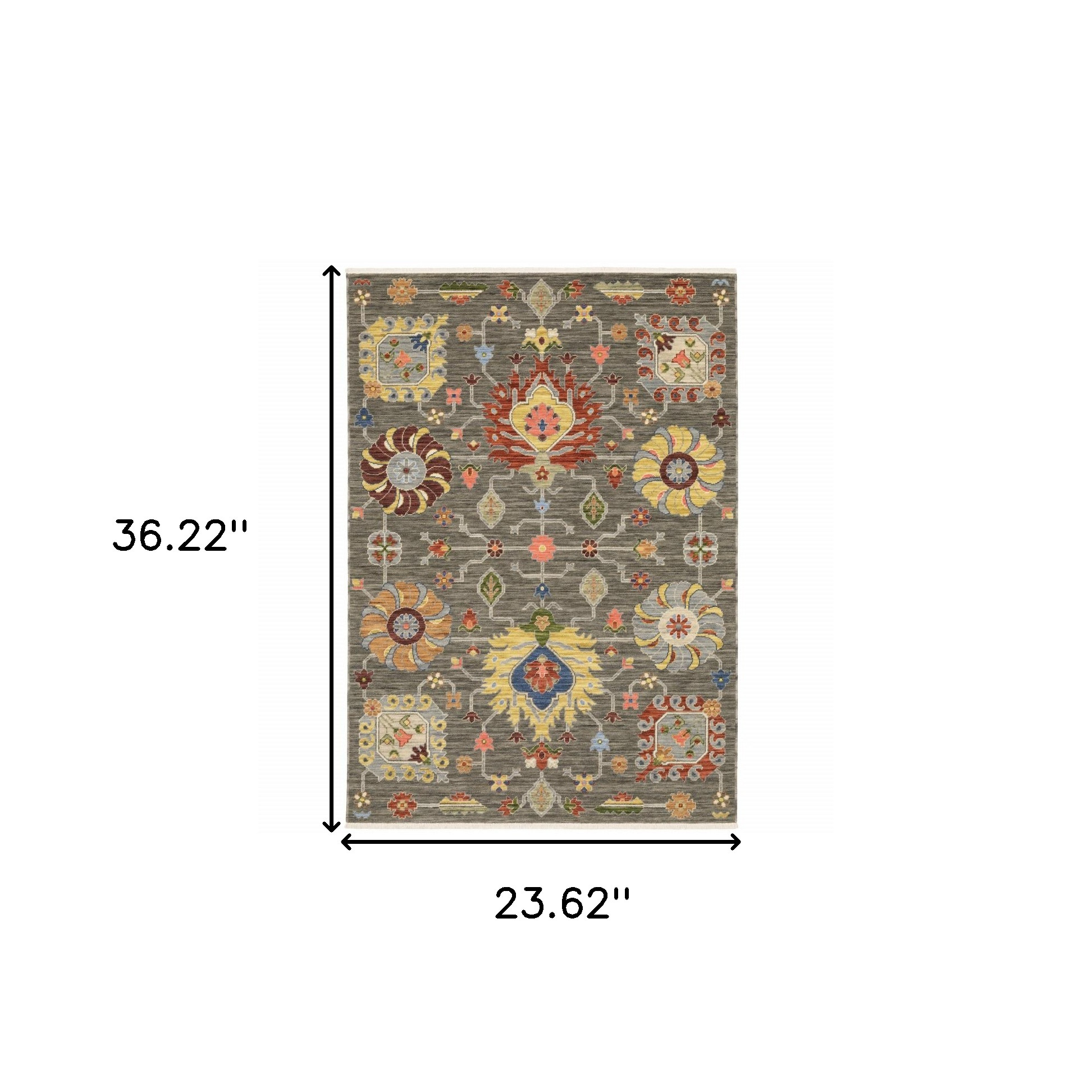 2" X 3" Grey Charcoal Yellow Blue Rust Red Pink Green And Ivory Oriental Power Loom Stain Resistant Area Rug With Fringe