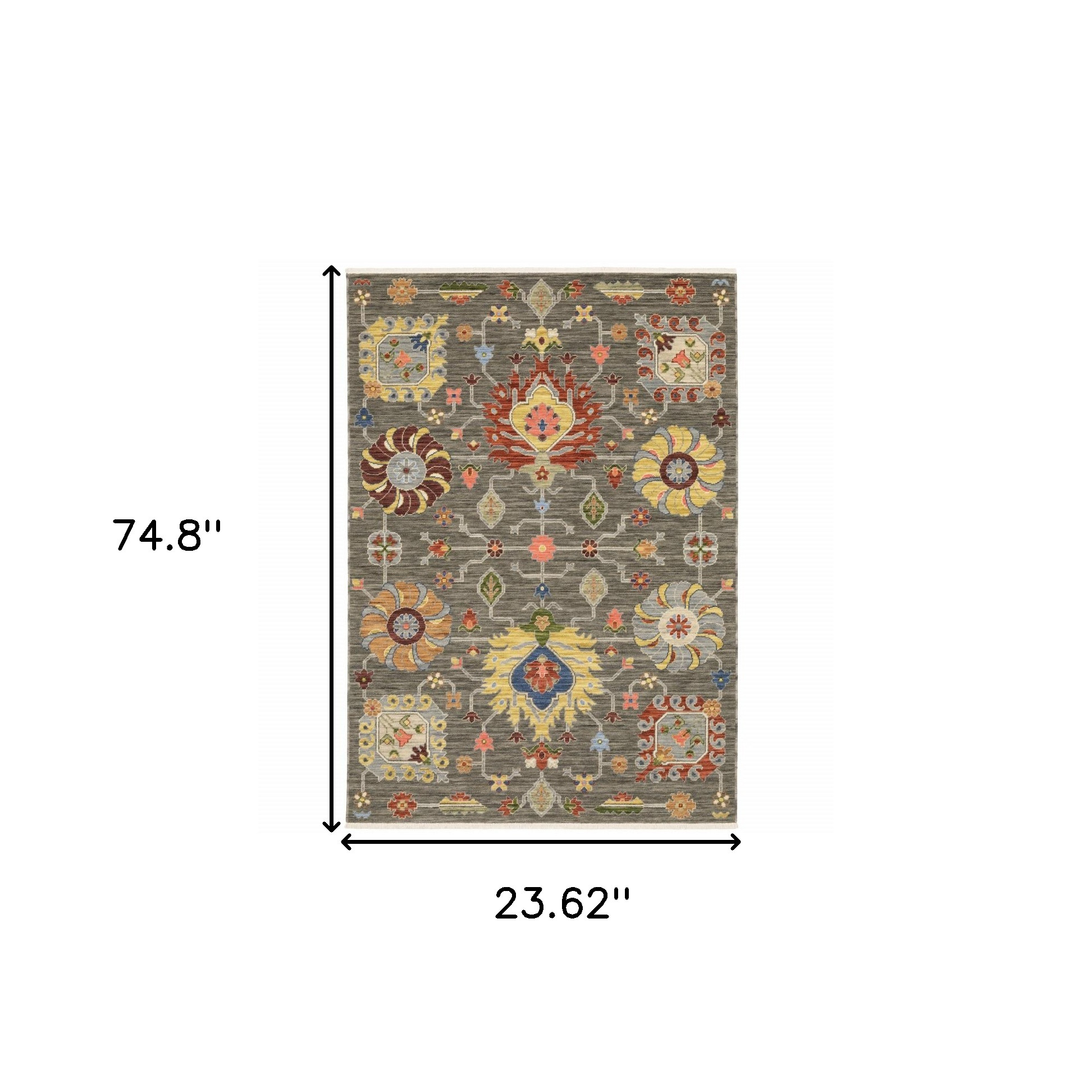 2" X 6" Grey Charcoal Yellow Blue Rust Red Pink Green And Ivory Oriental Power Loom Stain Resistant Runner Rug With Fringe