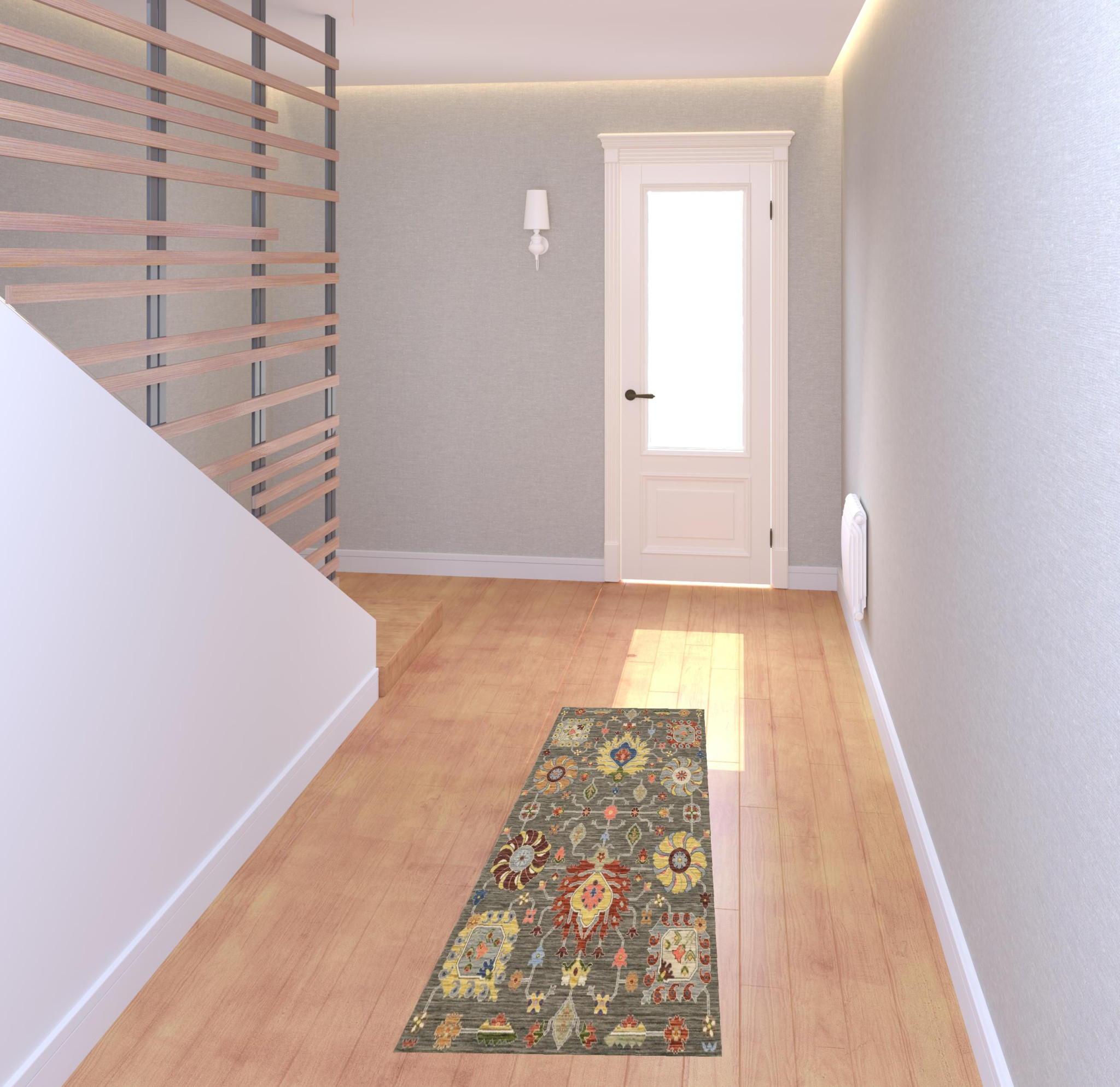 2" X 6" Grey Charcoal Yellow Blue Rust Red Pink Green And Ivory Oriental Power Loom Stain Resistant Runner Rug With Fringe