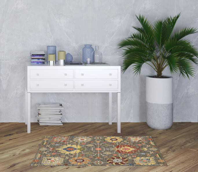 3" X 5" Grey Charcoal Yellow Blue Rust Red Pink Green And Ivory Oriental Power Loom Stain Resistant Area Rug With Fringe