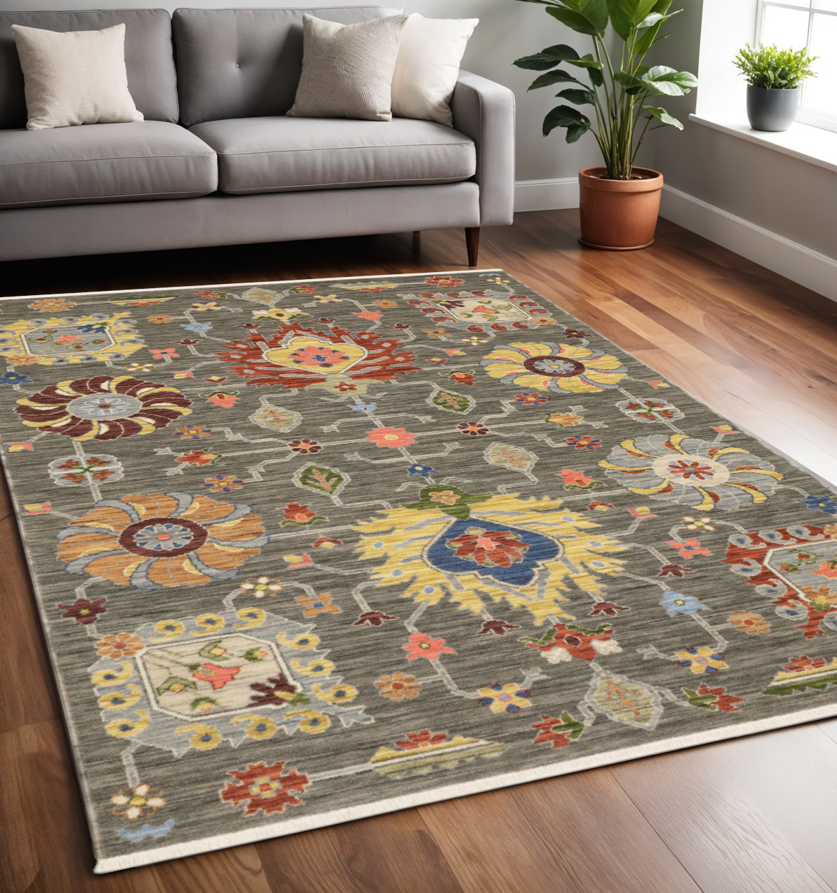5" X 8" Gray and Ivory Oriental Power Loom Area Rug With Fringe