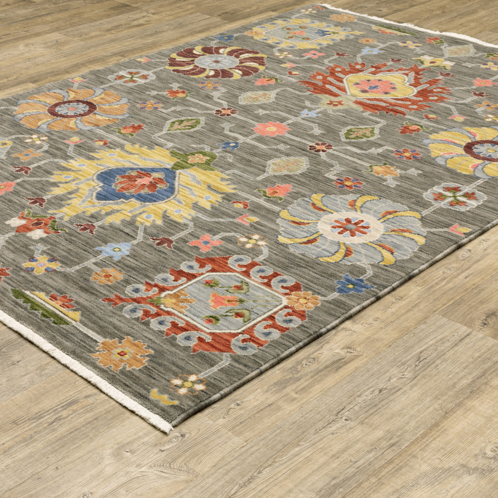 5" X 8" Gray and Ivory Oriental Power Loom Area Rug With Fringe