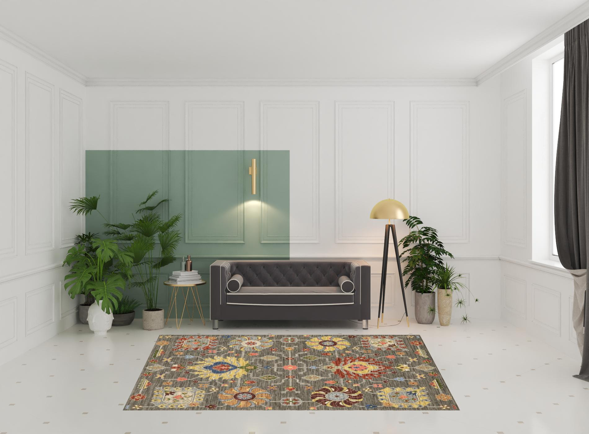 6" X 9" Grey Charcoal Yellow Blue Rust Red Pink Green And Ivory Oriental Power Loom Stain Resistant Area Rug With Fringe