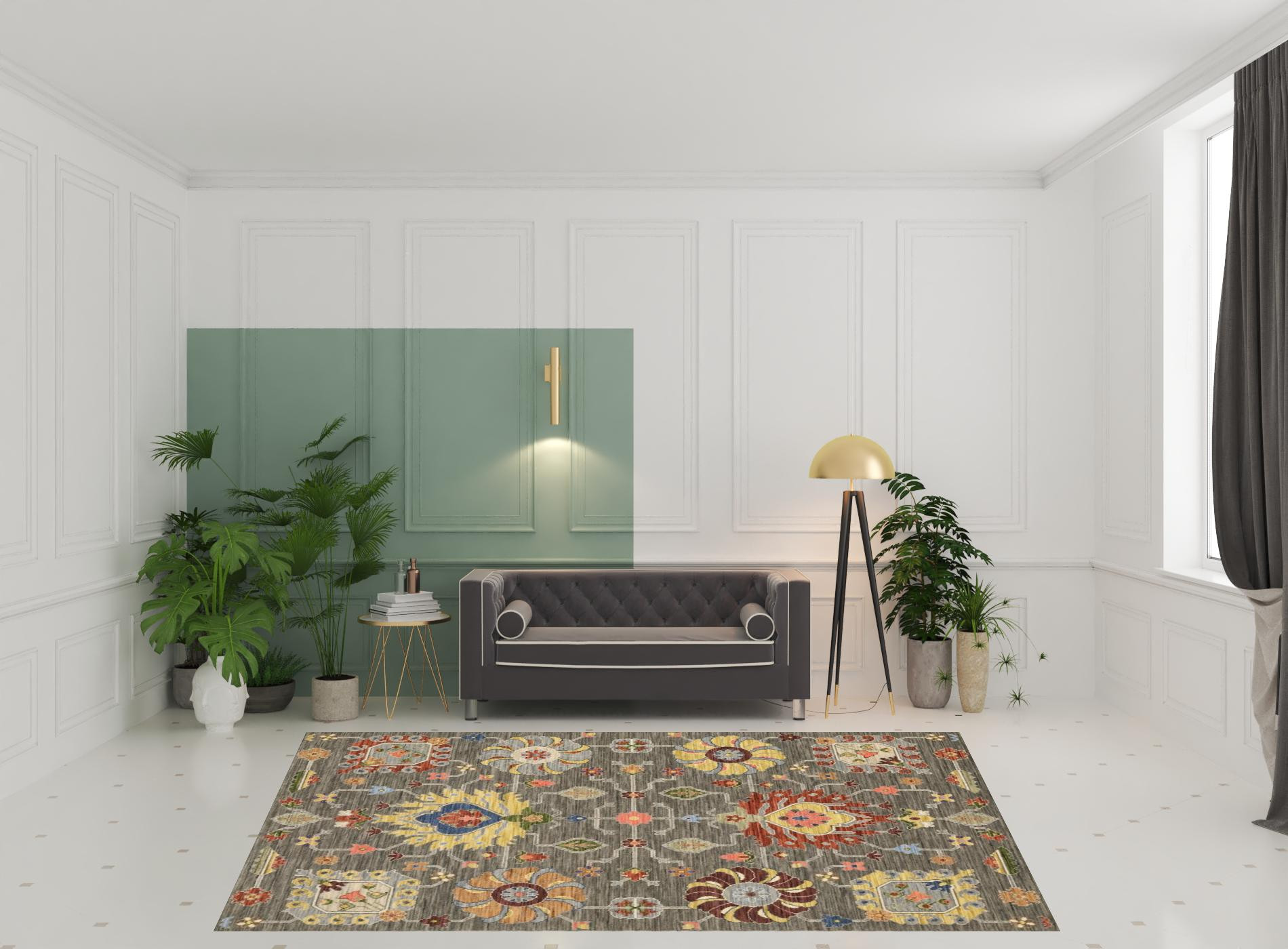 8" X 11" Grey Charcoal Yellow Blue Rust Red Pink Green And Ivory Oriental Power Loom Stain Resistant Area Rug With Fringe