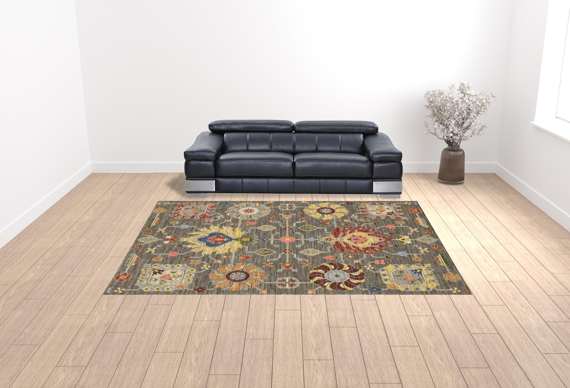 10" X 13" Grey Charcoal Yellow Blue Rust Red Pink Green And Ivory Oriental Power Loom Stain Resistant Area Rug With Fringe