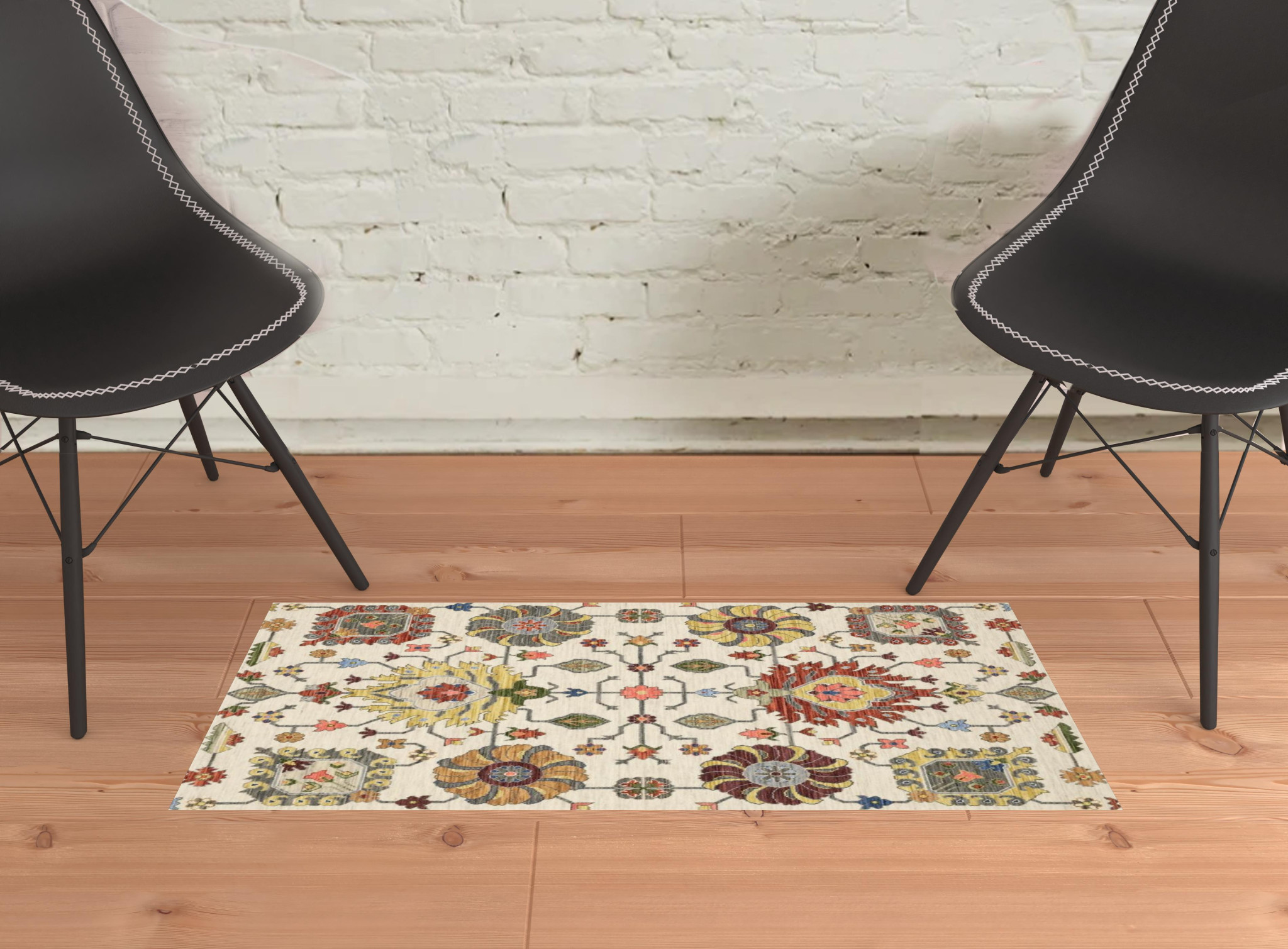 2" X 3" Ivory Yellow Rust Green Grey Pink Orange Blue And Grey Oriental Power Loom Stain Resistant Area Rug With Fringe