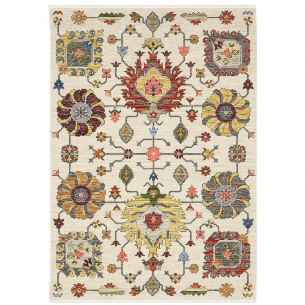 3" X 5" Ivory Yellow Rust Green Grey Pink Orange Blue And Grey Oriental Power Loom Stain Resistant Area Rug With Fringe