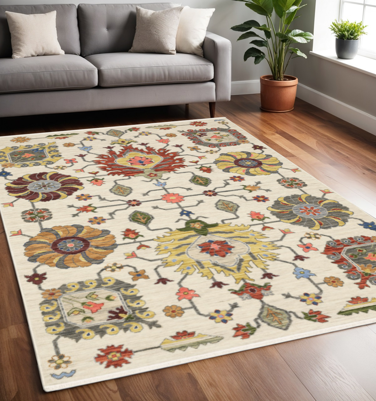 5" X 8" Ivory and Blue Oriental Power Loom Area Rug With Fringe