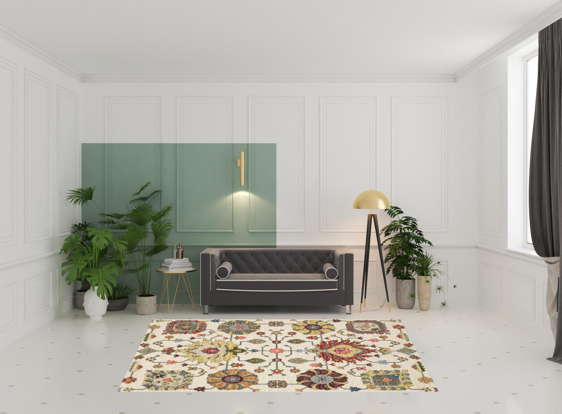 6" X 9" Ivory Yellow Rust Green Grey Pink Orange Blue And Grey Oriental Power Loom Stain Resistant Area Rug With Fringe