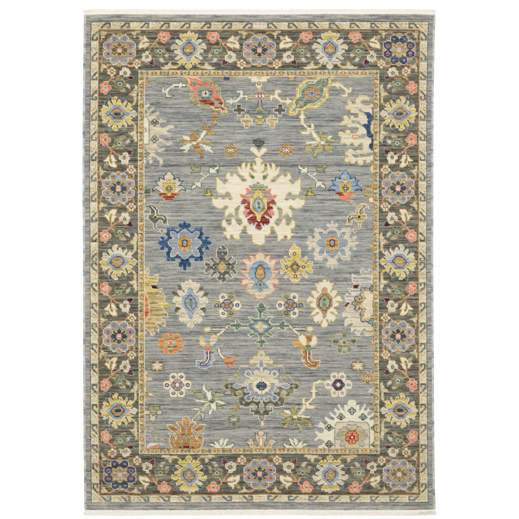 5" X 8" Blue and Ivory Oriental Power Loom Area Rug With Fringe
