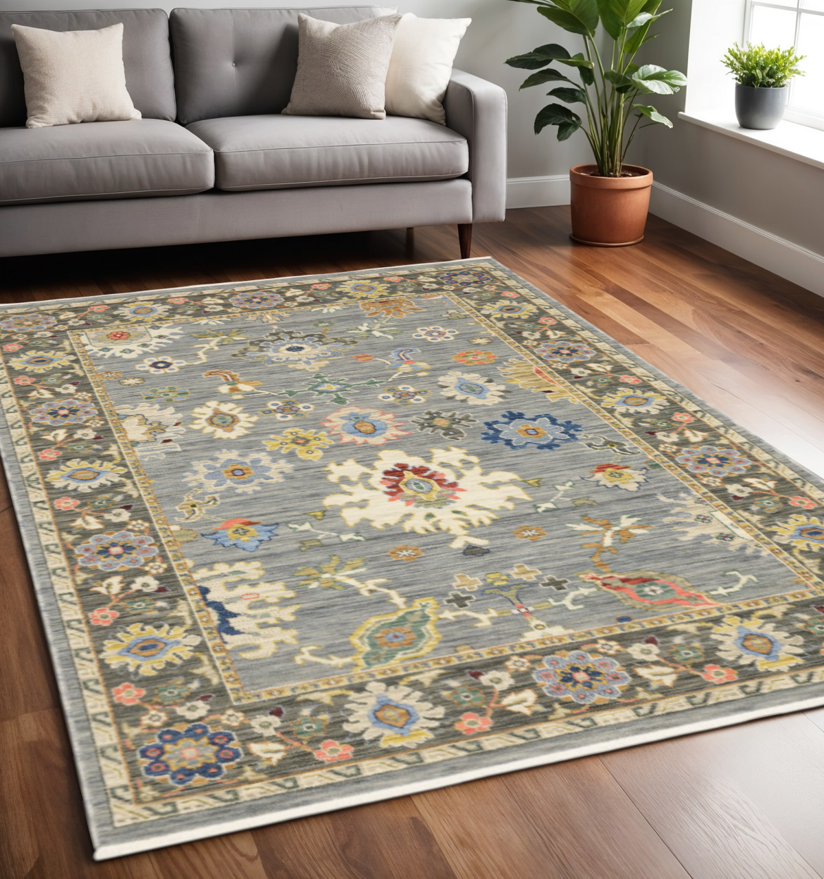 5" X 8" Blue and Ivory Oriental Power Loom Area Rug With Fringe