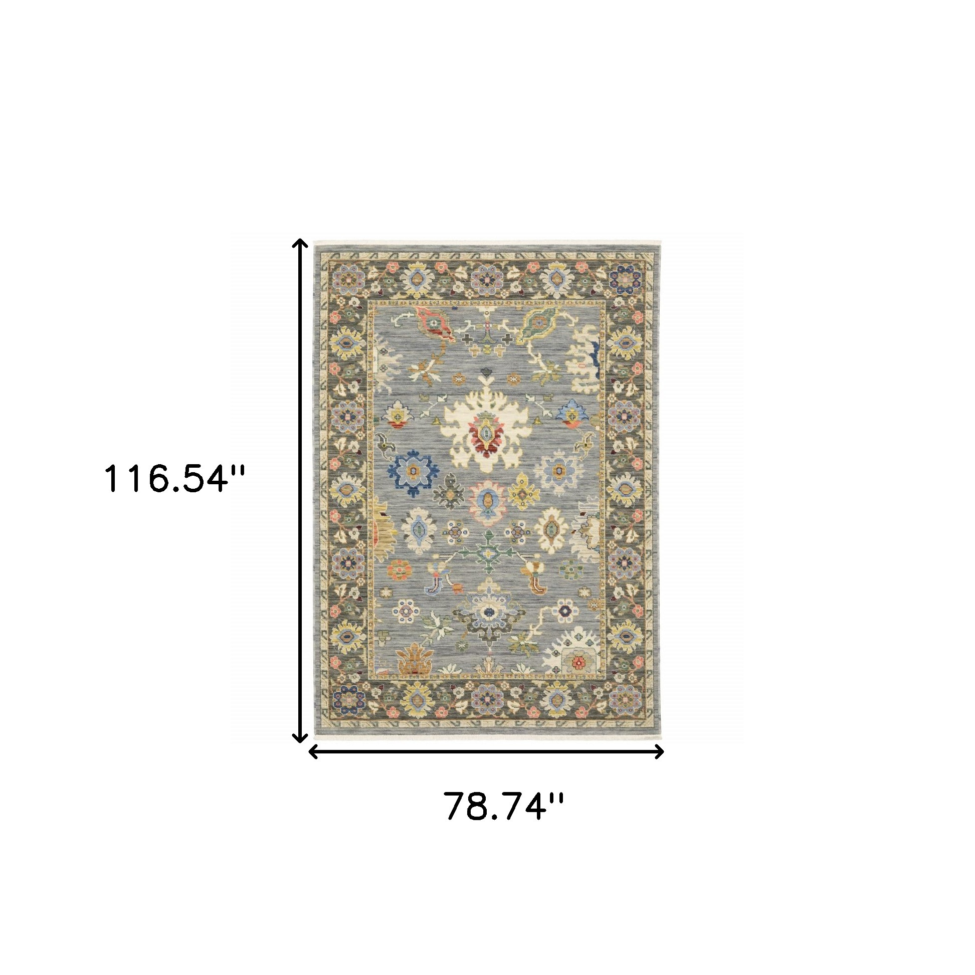 6" X 9" Blue Grey Gold Green Pink Orange Ivory And Red Oriental Power Loom Stain Resistant Area Rug With Fringe
