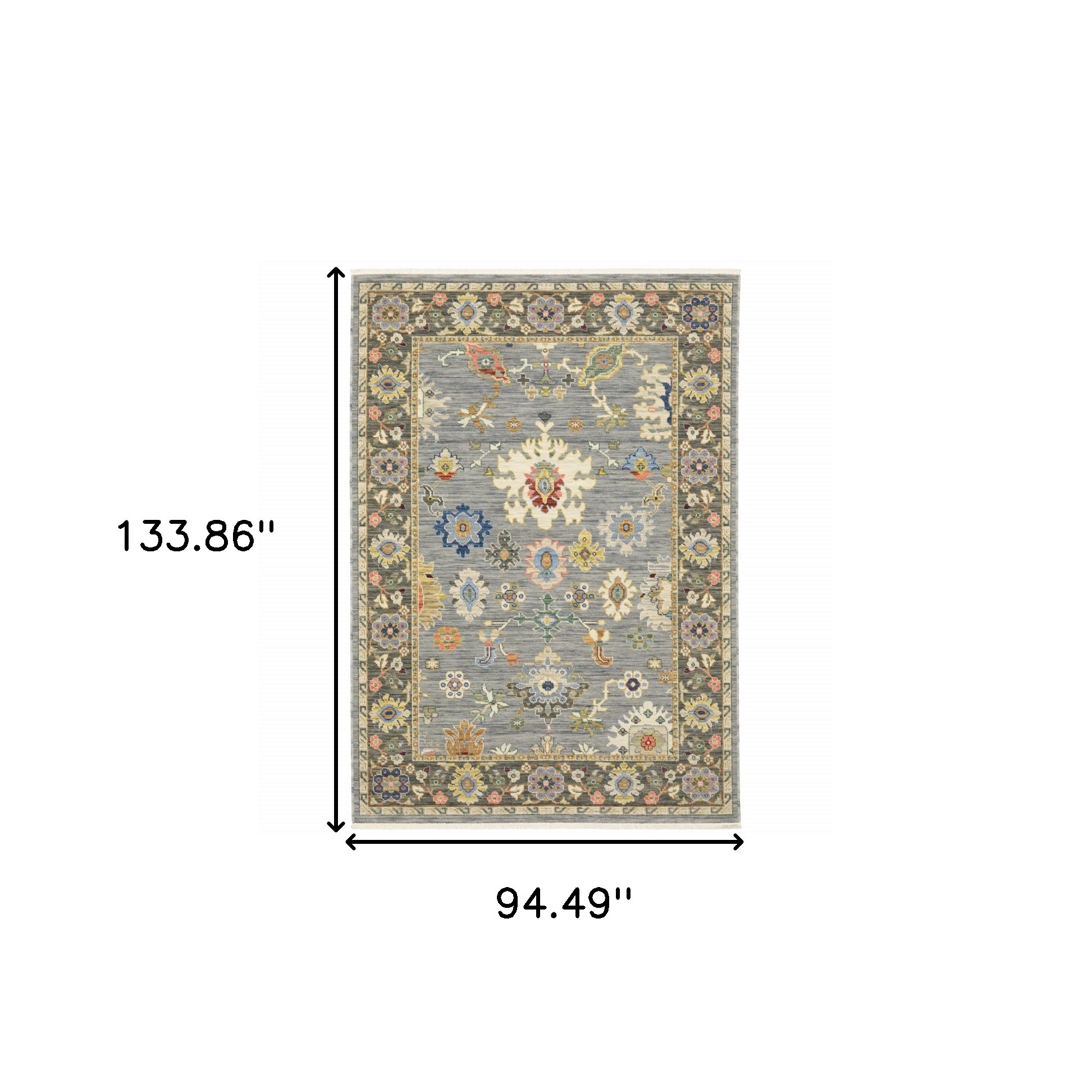 8" X 11" Blue Grey Gold Green Pink Orange Ivory And Red Oriental Power Loom Stain Resistant Area Rug With Fringe