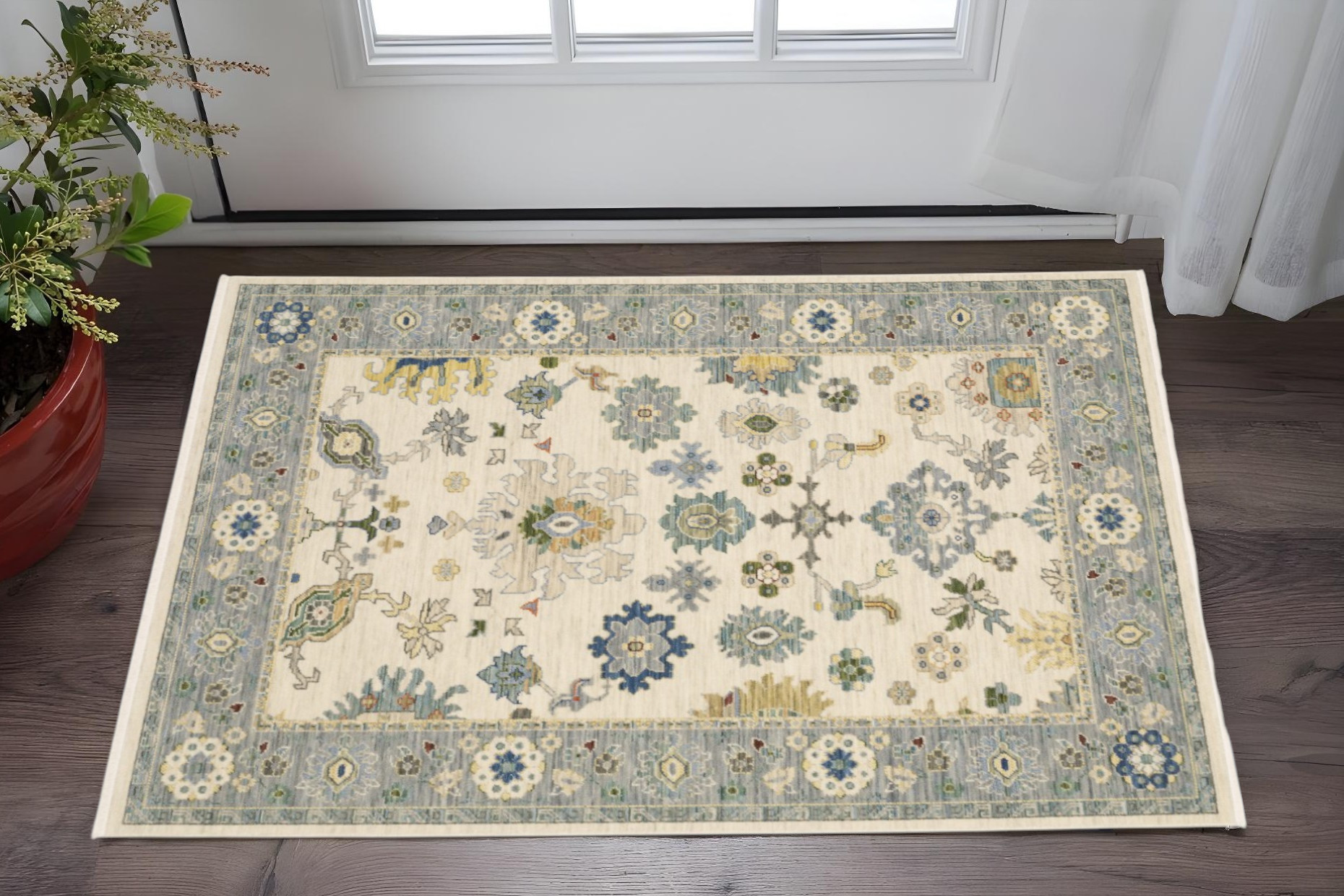 2' X 3' Ivory Blue Grey Teal Gold Green And Rust Oriental Power Loom Stain Resistant Area Rug With Fringe-509352-1