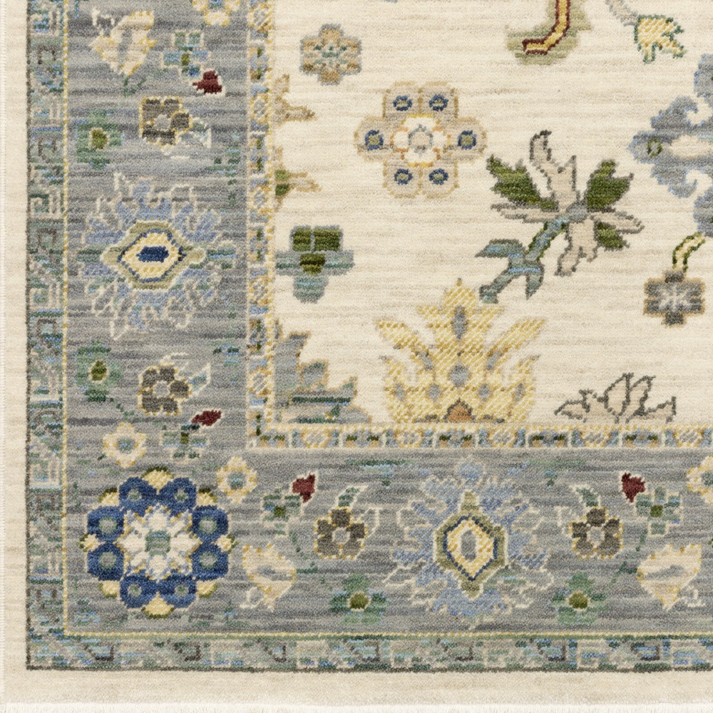 2" X 6" Ivory Blue Grey Teal Gold Green And Rust Oriental Power Loom Stain Resistant Runner Rug With Fringe