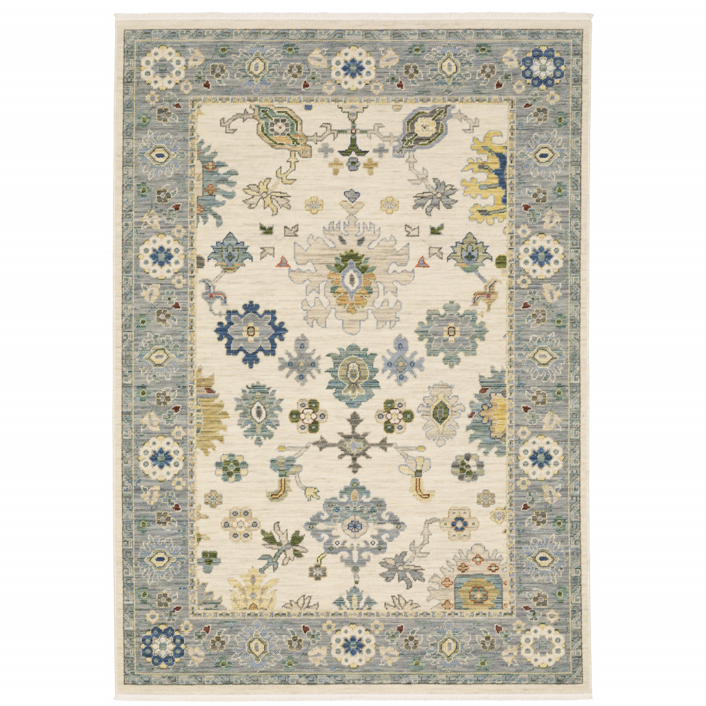 8' X 11' Ivory Blue Grey Teal Gold Green And Rust Oriental Power Loom Stain Resistant Area Rug With Fringe-509357-1