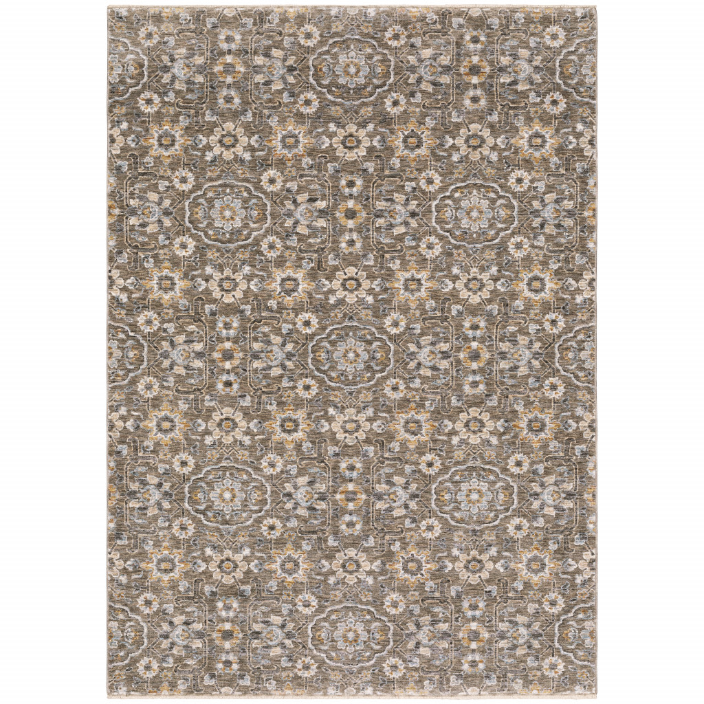 2" X 3" Grey And Tan Floral Power Loom Stain Resistant Area Rug With Fringe