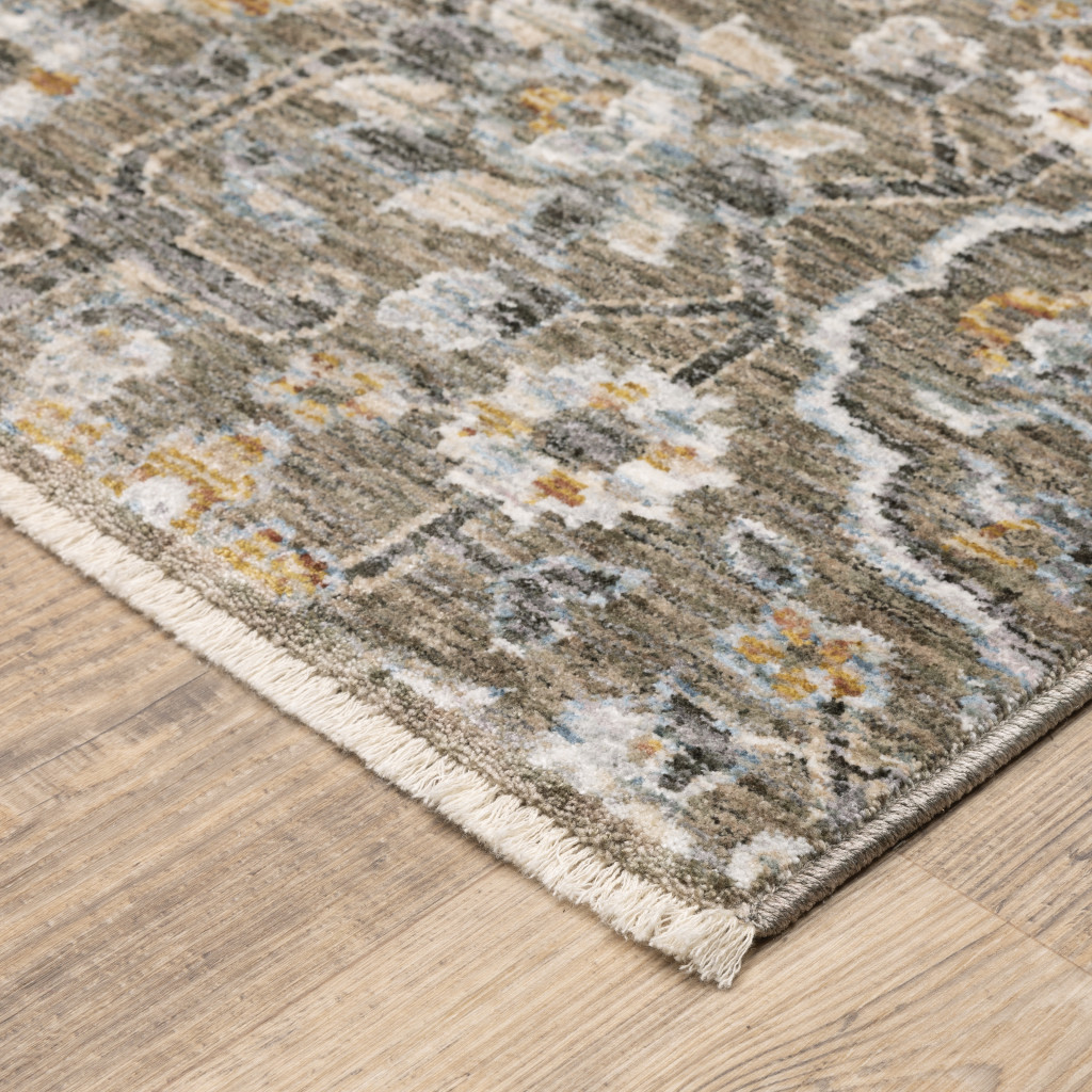 2" X 3" Grey And Tan Floral Power Loom Stain Resistant Area Rug With Fringe