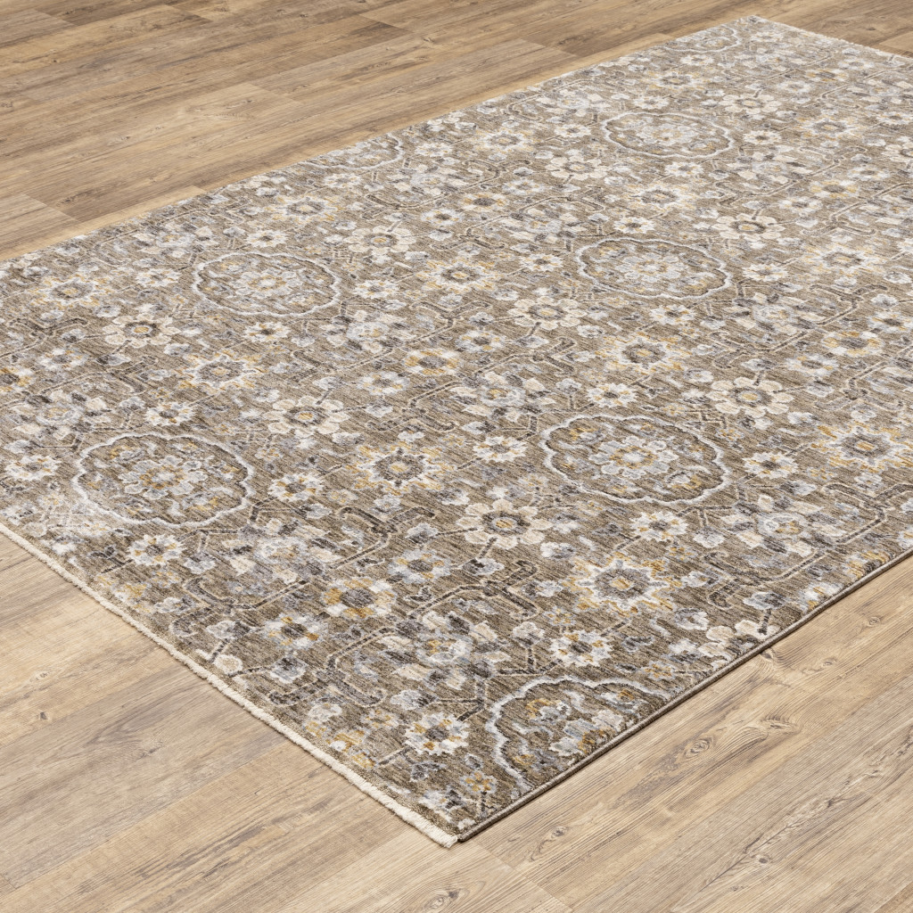 2" X 3" Grey And Tan Floral Power Loom Stain Resistant Area Rug With Fringe